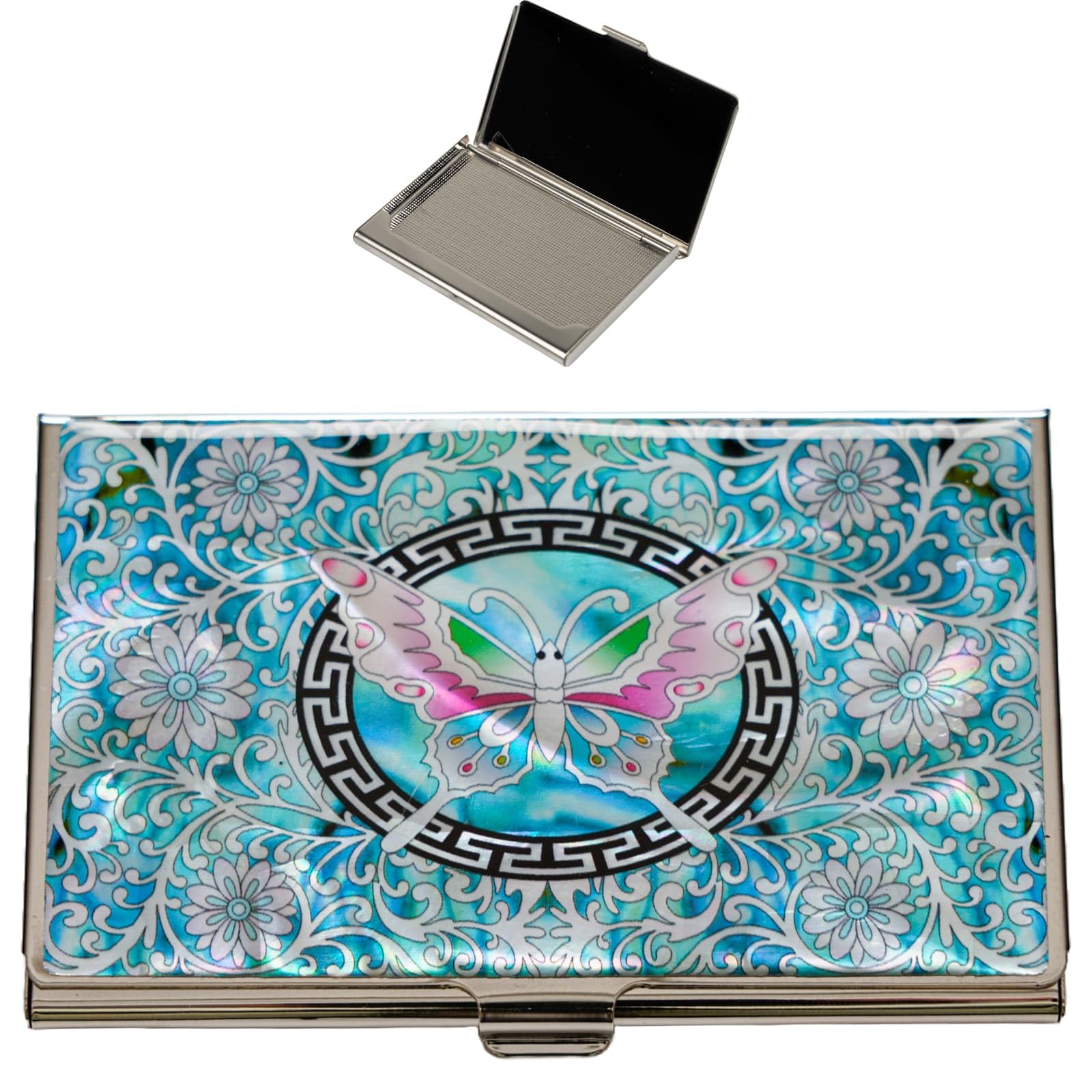 February Mountain Mother of Pearl Business Card Case - Korea Traditional Gifts, Slim Metal Holder for Business & Credit Cards, Pocket-Sized Purse Wallet