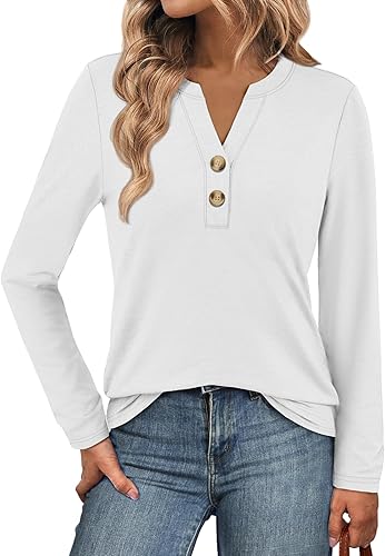 ATHMILE Long Sleeve Shirts for Women 2026 Fall Outfits Henley Dressy Casual Tops Trendy Blouses Cute T-Shirts Fashion Clothes White