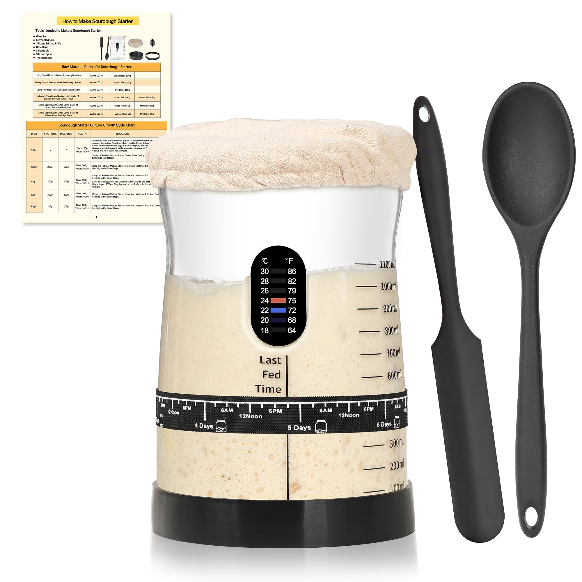 Coco Bird Pro Sauerteig Starter Set – 1,5L Großes Sauerteig Glas mit 17 Rezepten – Sauerteigstarter Zubehör für Brotbacken & Fermentation (1 Stück)