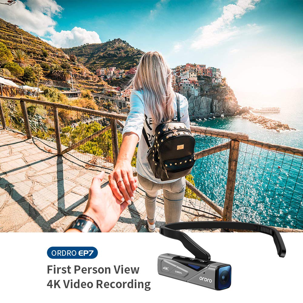 ORDRO 4K Camcorder Handsfree Videokamera EP7 Camcorder 4K 30fps UHD FPV Vlog Kamera mit Gimbal Stabilizer, POV-Aufnahmen, Fernbedienung, 64GB MicroSD Karte