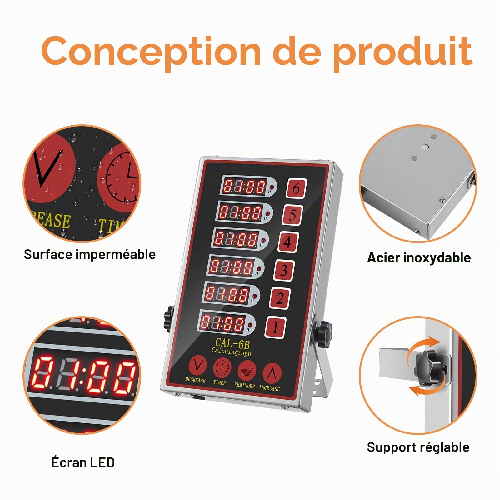 Minuterie de Cuisine Professionnelle Numérique LED 6 Canaux Restaurant Minuterie de Cuisine en Acier Inoxydable Programmable pour Friteuse Boulangerie Camion de Nourriture Cuisson