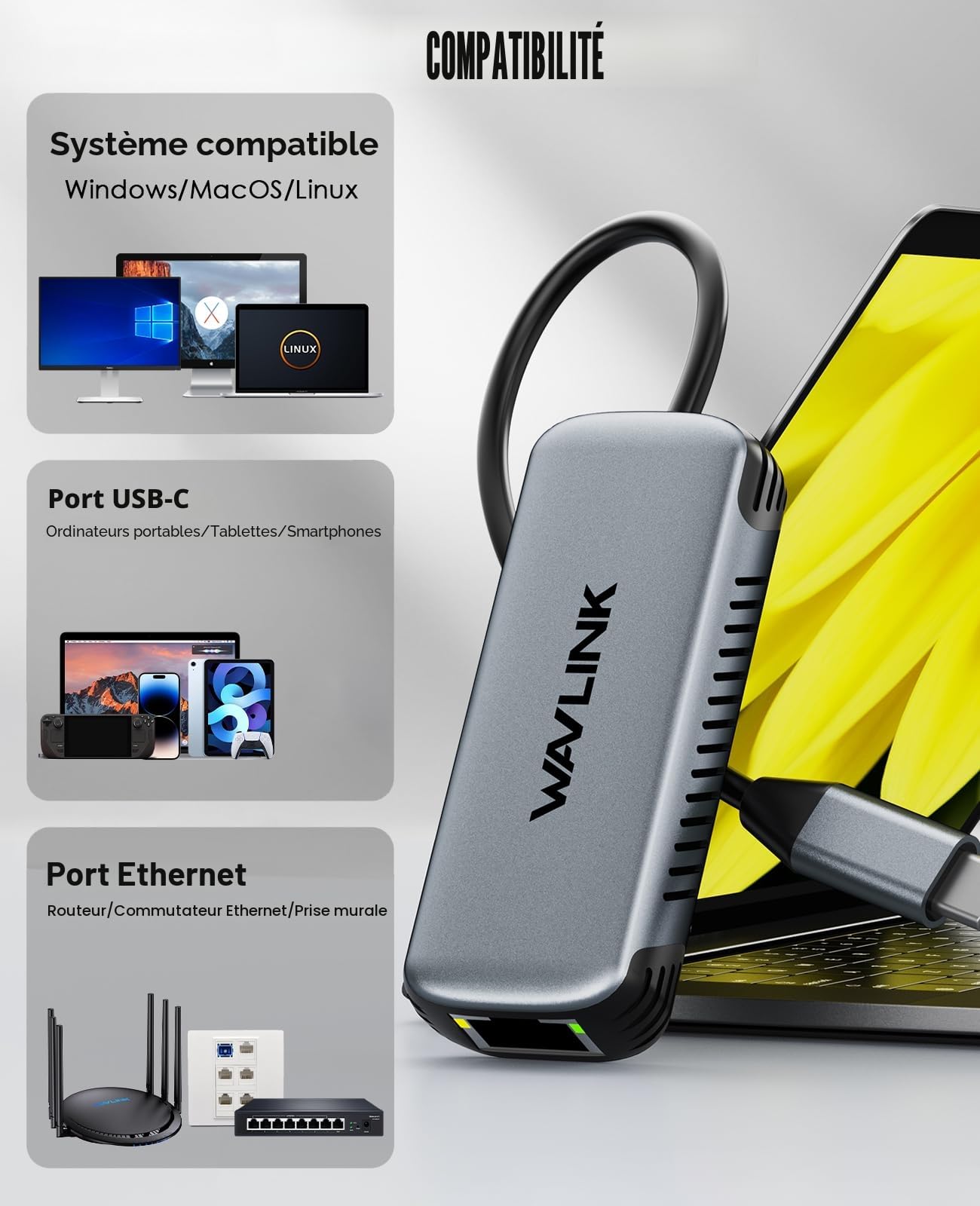 WAVLINK Adaptateur USB C vers Ethernet 5Gbps, Réseau Gigabit RJ45 sans Pilote