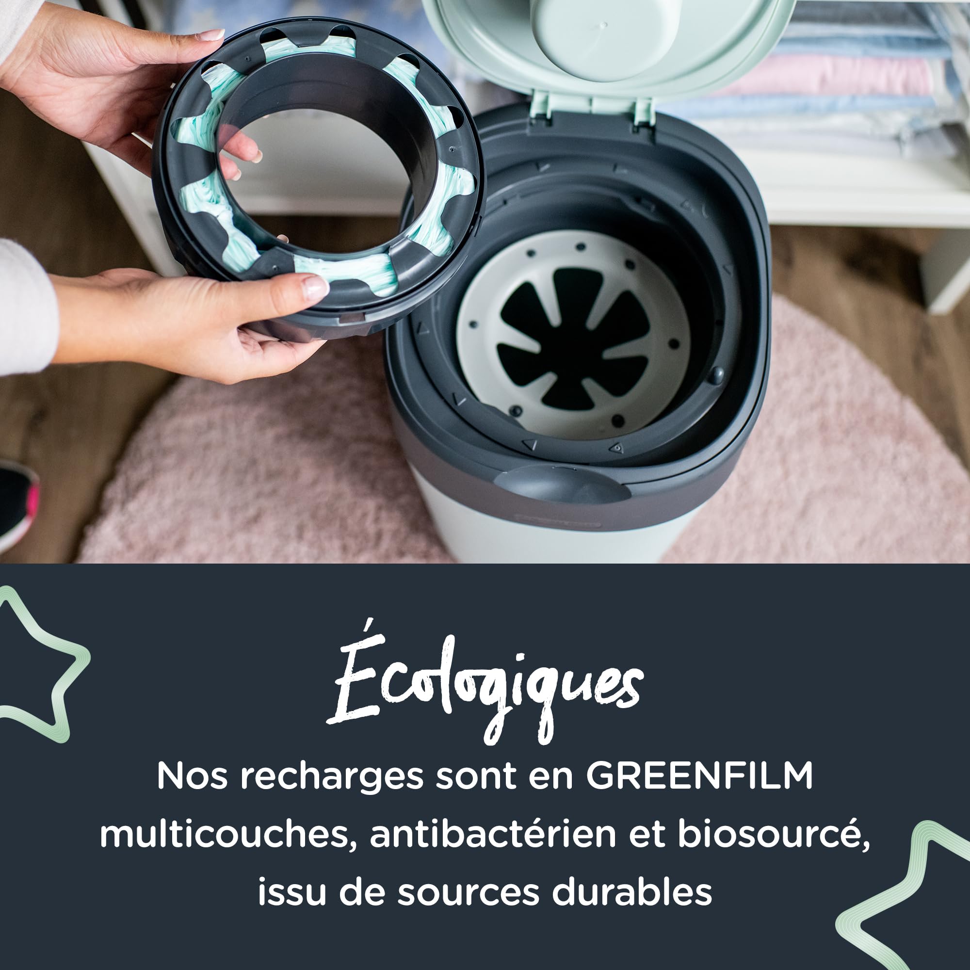 Recharges pour poubelles à couches Twist & Click de Tommee Tippee, GREENFILM antibactérien durable, pack de 3