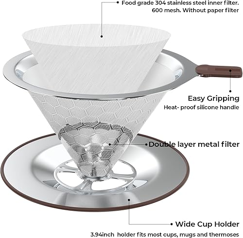 Miniatura 2 de Gotero de acero inoxidable para verter sobre café, filtros de café reutilizables sin papel con malla de doble capa, soporte para tazas y cepillo de