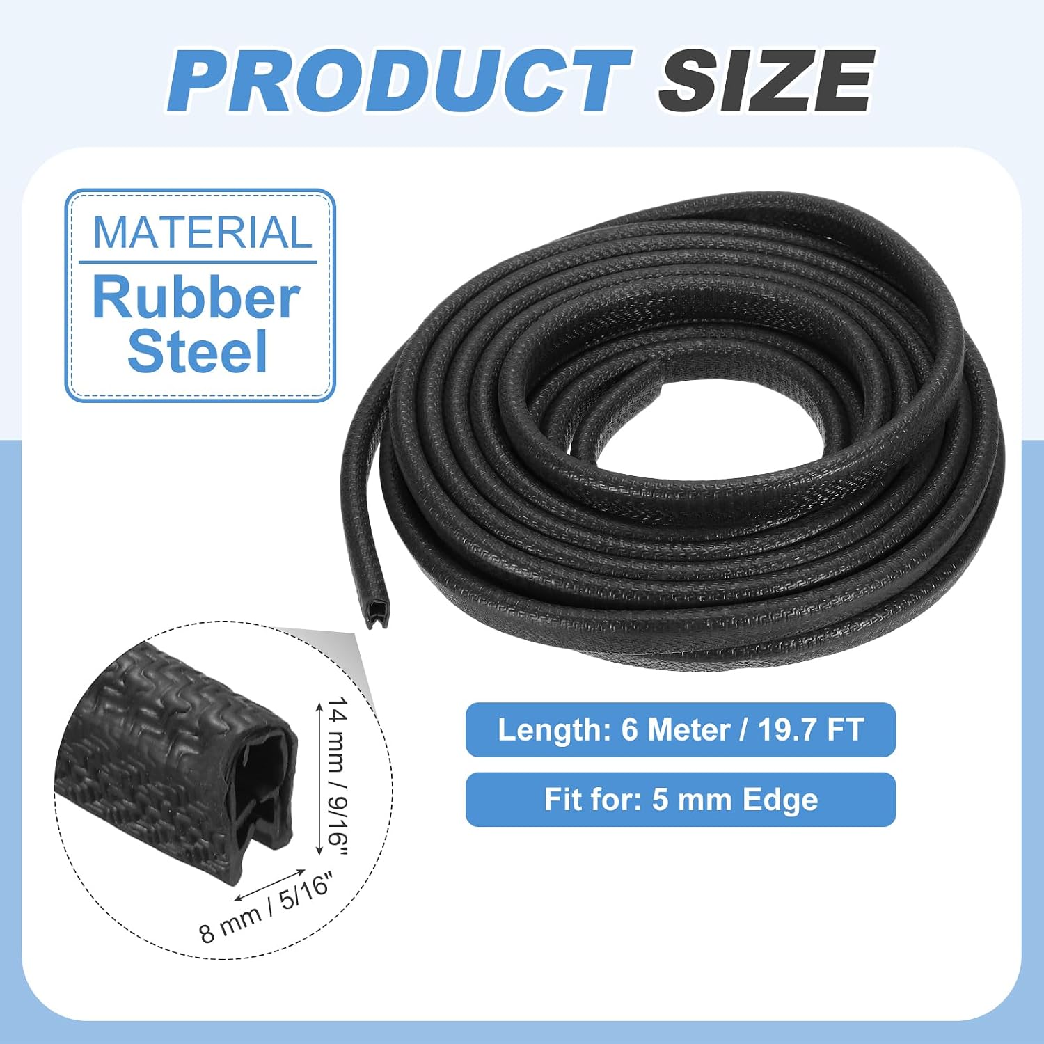 PATIKIL Rubber Edge Trim Guard, 19.7 ft x 9/16" x 5/16" U Channel Edge Protector Seal Strip with Metal Clips Fit for 5mm Edge for Car Door Sheet Metal Hatches Table Corners, Black