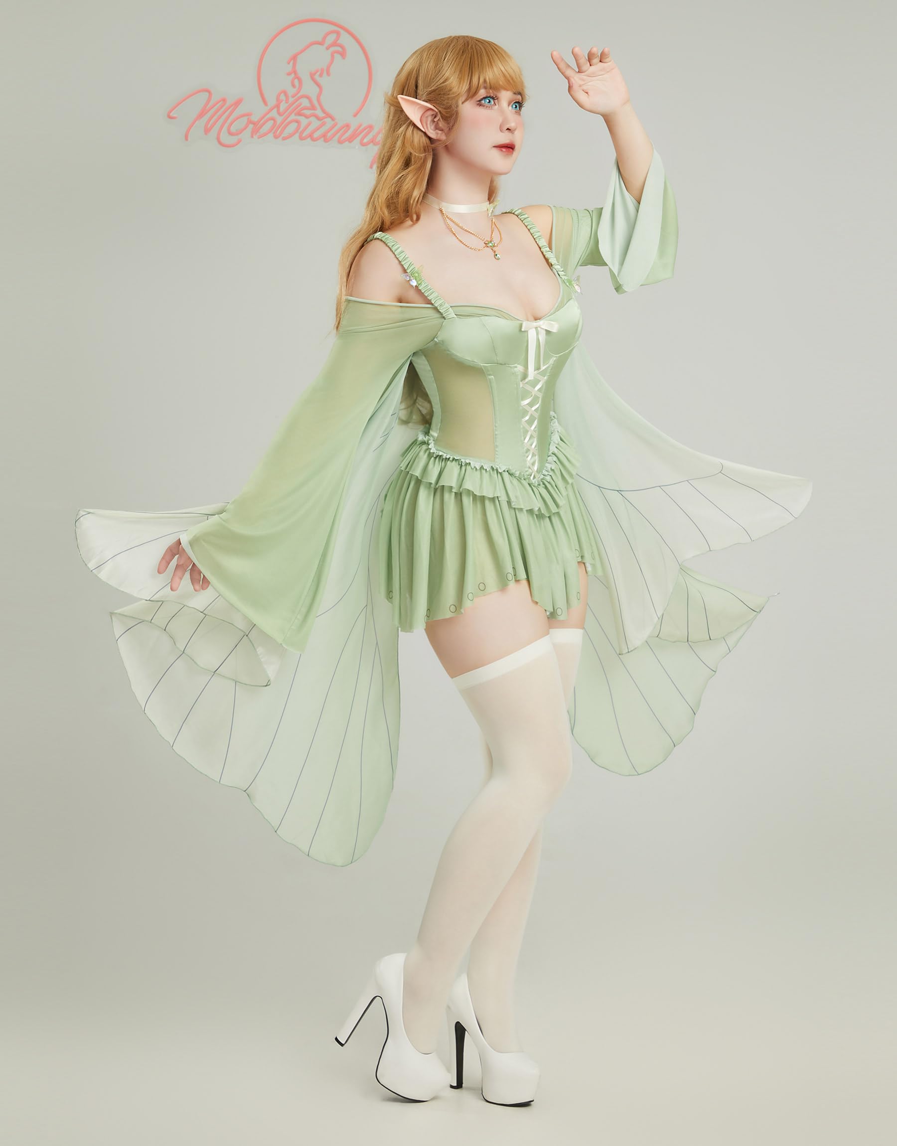 Women Fairy Cosplay Costume Green Elf Ruffle Elegant Leotard Dress with Necklace Stockings Halloween Rave: Large Green