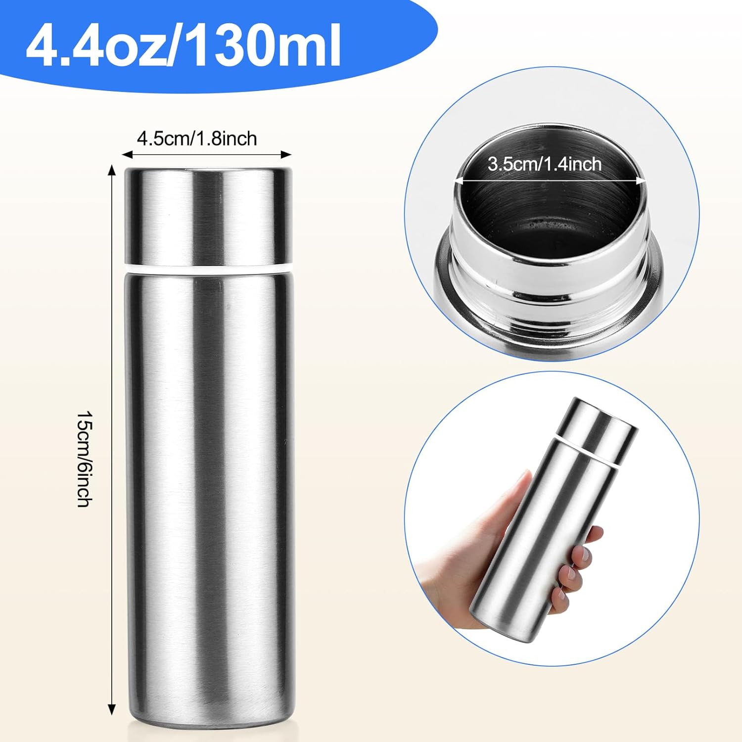 5 Pack Mini Water Bottles, 4.4 oz Small Insulated Stainless Steel Bottle, Pocket Slim Flask Keeps Drink Cold and Hot, Leak Proof Bottle for Women Purse Lunch Bag (Silver)