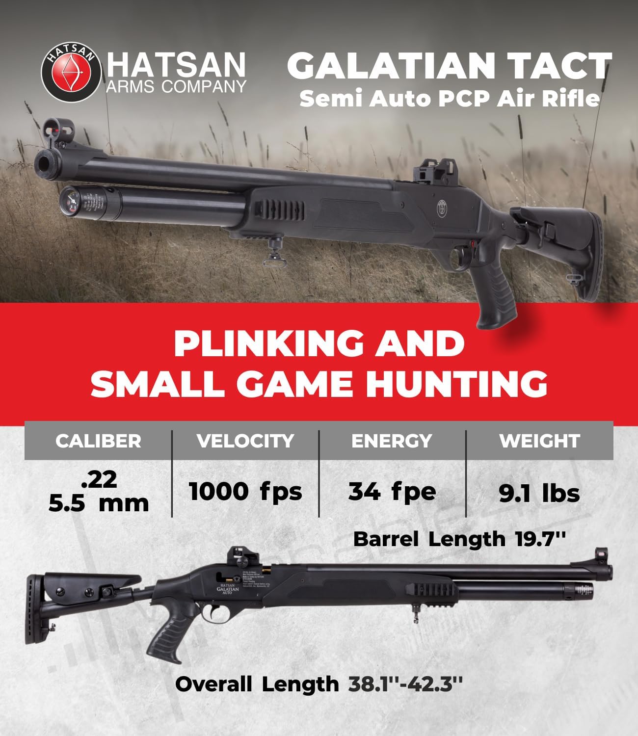 Hatsan Galatian Tact Semi Auto AirRifle with Wearable4U Pellets and Paper Targets Bundle
