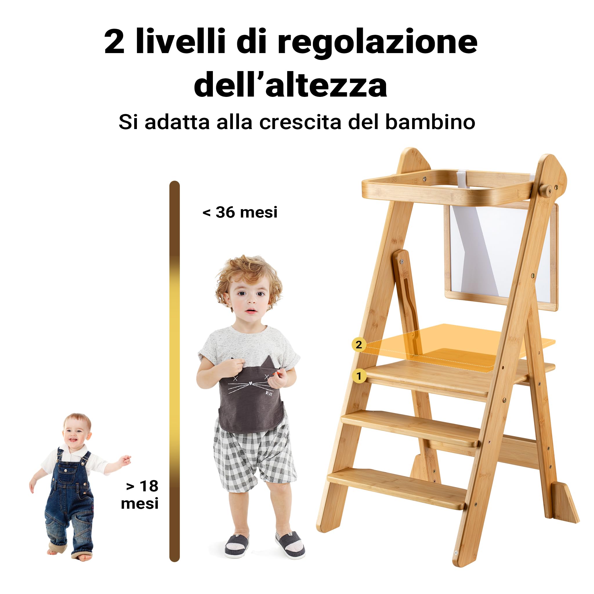 Wiltec Torre di apprendimento pieghevole per bambini 43 x 48 x 91 cm in bambù, torre montessoriana regolabile in altezza per bambini, sgabello per bambini con barra di protezione
