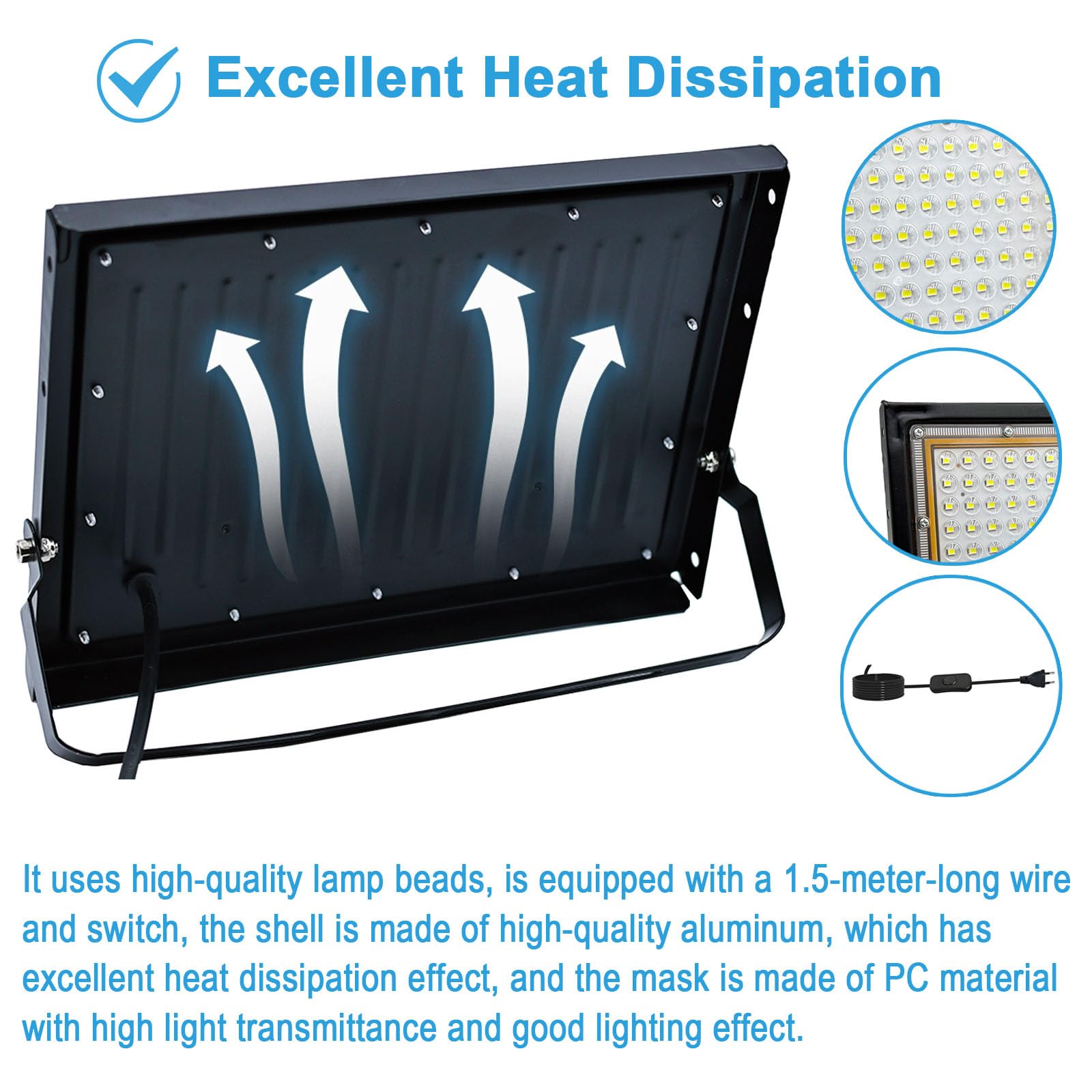 2 Piezas Focos LED Exterior 100W, 1.5M Cable Blanco Frío 6500K Proyector LED Exterior, Resistente al Agua IP66 Foco Proyector LED, 10000LM para Terrazas, Patios, Balcones, Parques, Garajes