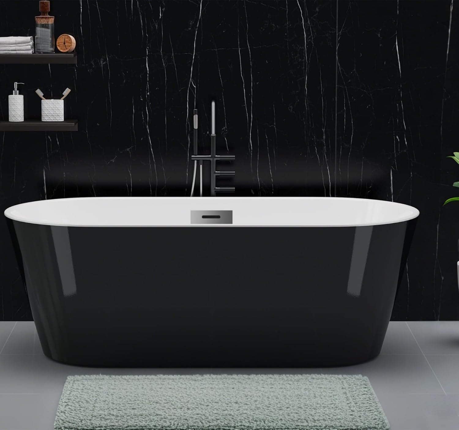 59 inch Freestanding Bathtub for Main Bathroom – Black & White Acrylic Free Standing Tub with Chrome Drain, Modern Soaking Tub for Stylish Home Spa Retreat