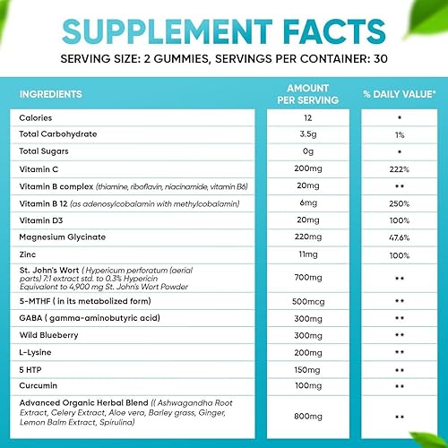 Miniatura 3 de Gomitas tranquilas 22 en 1 sin azúcar, hierba de San Juan, 5-HTP, GABA, Ashwagandha| Gomitas de glicinato de magnesio | Sin OMG, apoyo natural para