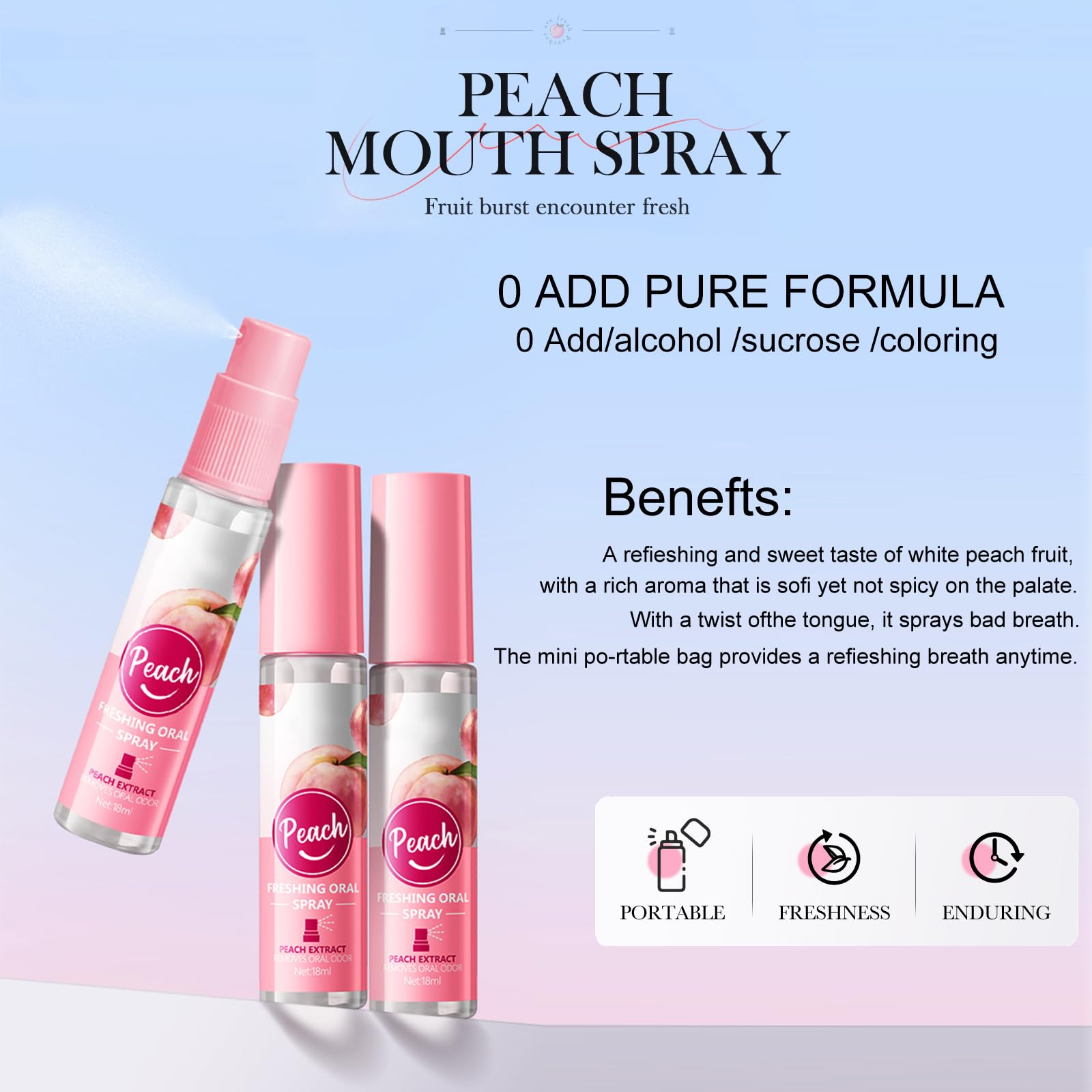 Spray Alito,Spray Alito Fresco,Alito Fresco,Spray Per Alito Cattivo,Spray Sapore Di Frutta, Odore Pulito,Rimozione 'Alitosi, Rinfrescante 'Alito Per L'Igiene Orale(Sapore di Pesca)