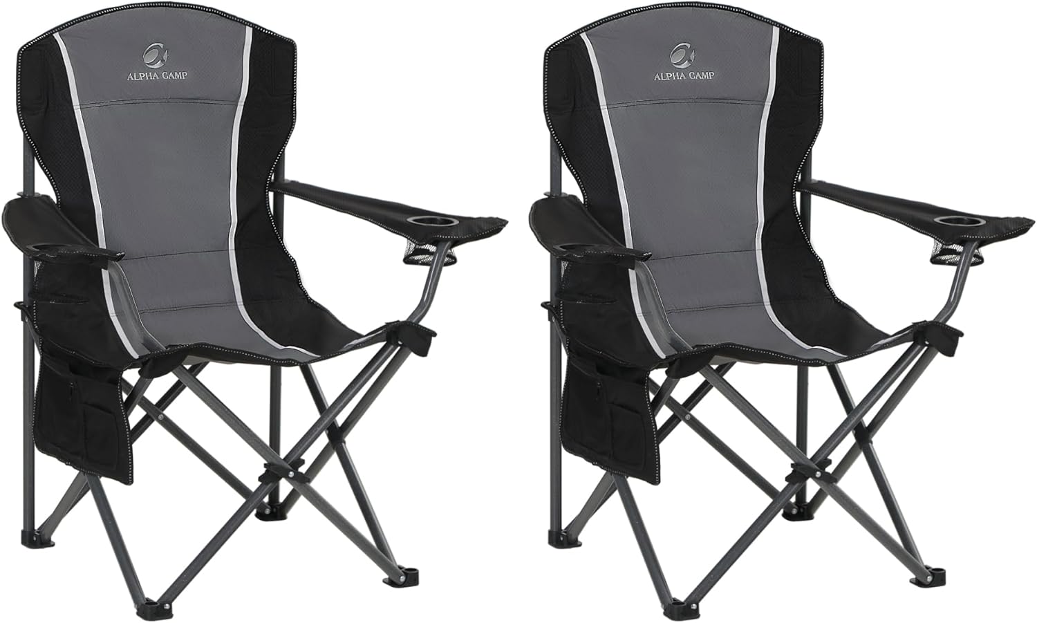 LET'S CAMP Oversized Outdoor Folding Camping Chair, 2 Pack Heavy Duty Arm Chairs with Cup Holder and Storage Bag, 350 LBS Weight Capacity, Grey 2 Packs Black Grey