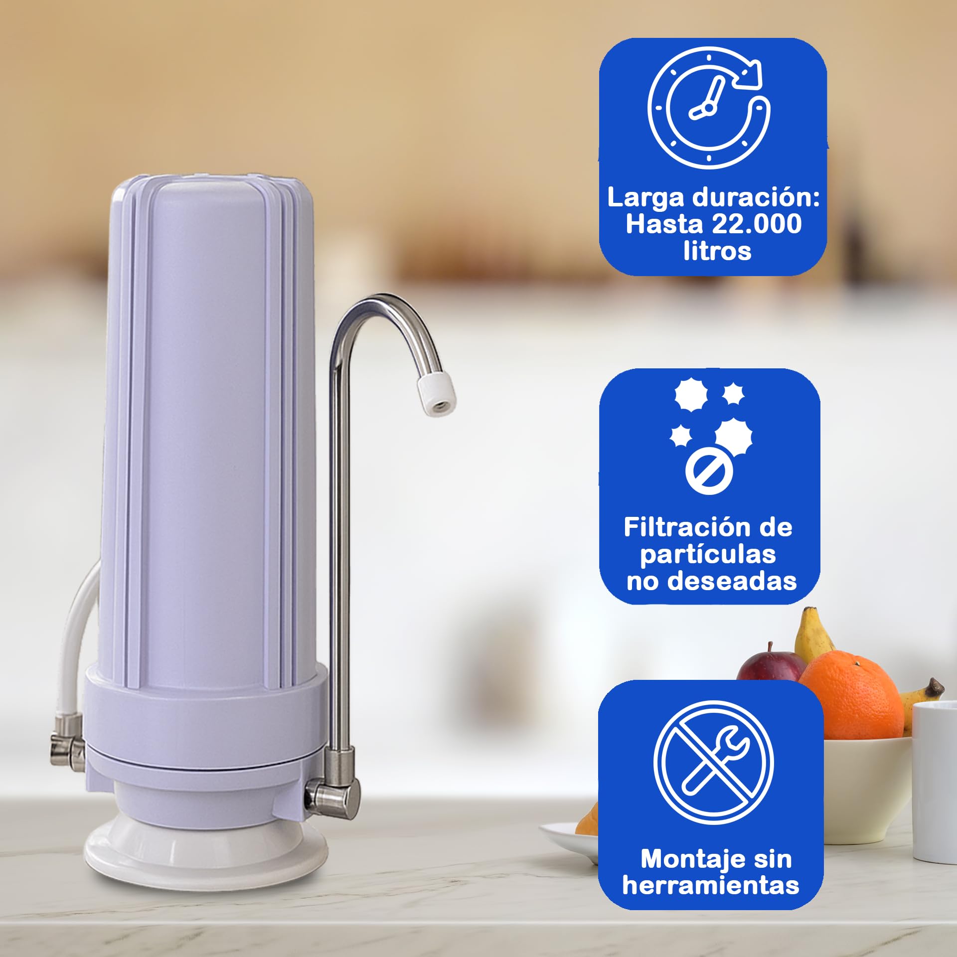 Filtro De Agua Fonlife | Para Grifo De Cocina | Elimina Cloro, Malos Olores Y Metales Pesados | Fácil De Instalar Sobre Encimera |Eficiente, Duradero Y Económico