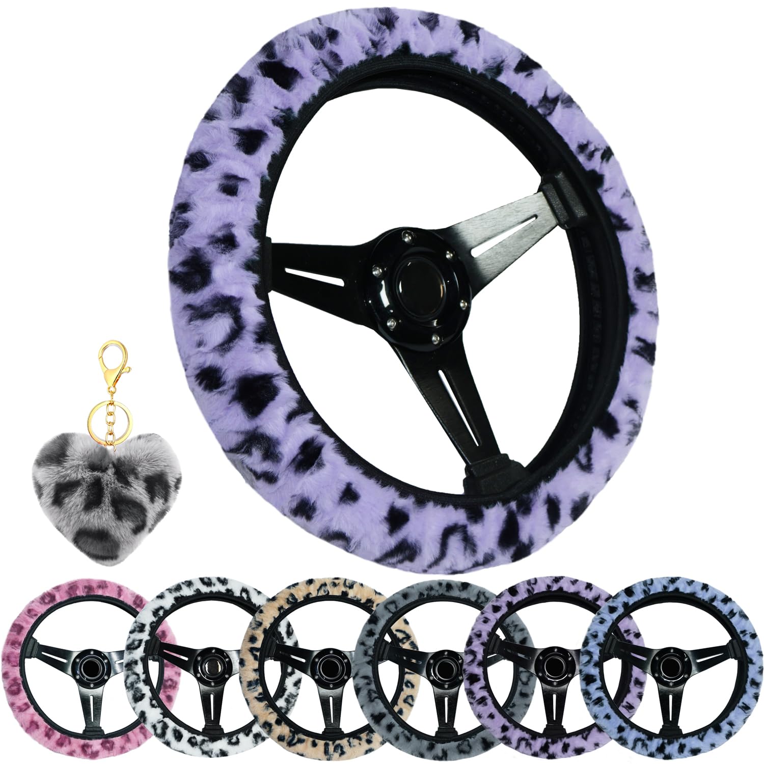 Photo 1 of ***NO STEERING WHEEL COVER***Muamos Leopard Steering Wheel Cover with Keychain, Elastic Fuzzy Fur Cheetah Car Steering Wheel Protector Women Girl Car Accessories Universal Fit 15 inch Fit Auto, Suvs, Truck- Purple***NO STEERING WHEEL COVER***