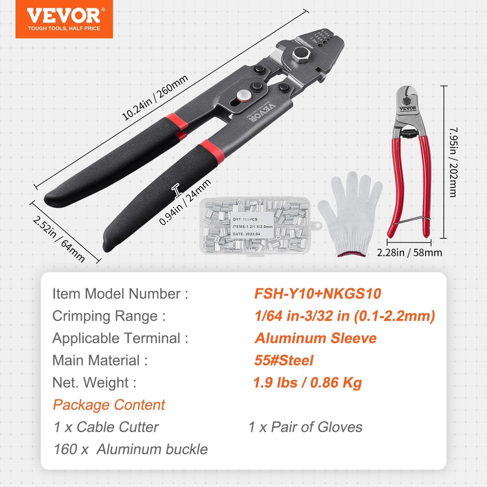 VEVOR Pinze Crimpatrice per Cavi con Diametro tra 0,1-2,2mm Pinza Capicorda per Terminali Manicotti in Alluminio, Pinza a Crimpare in Acciaio 55# Durezza Massima 50 HRC, Utensili per Crimpaggio Cavi