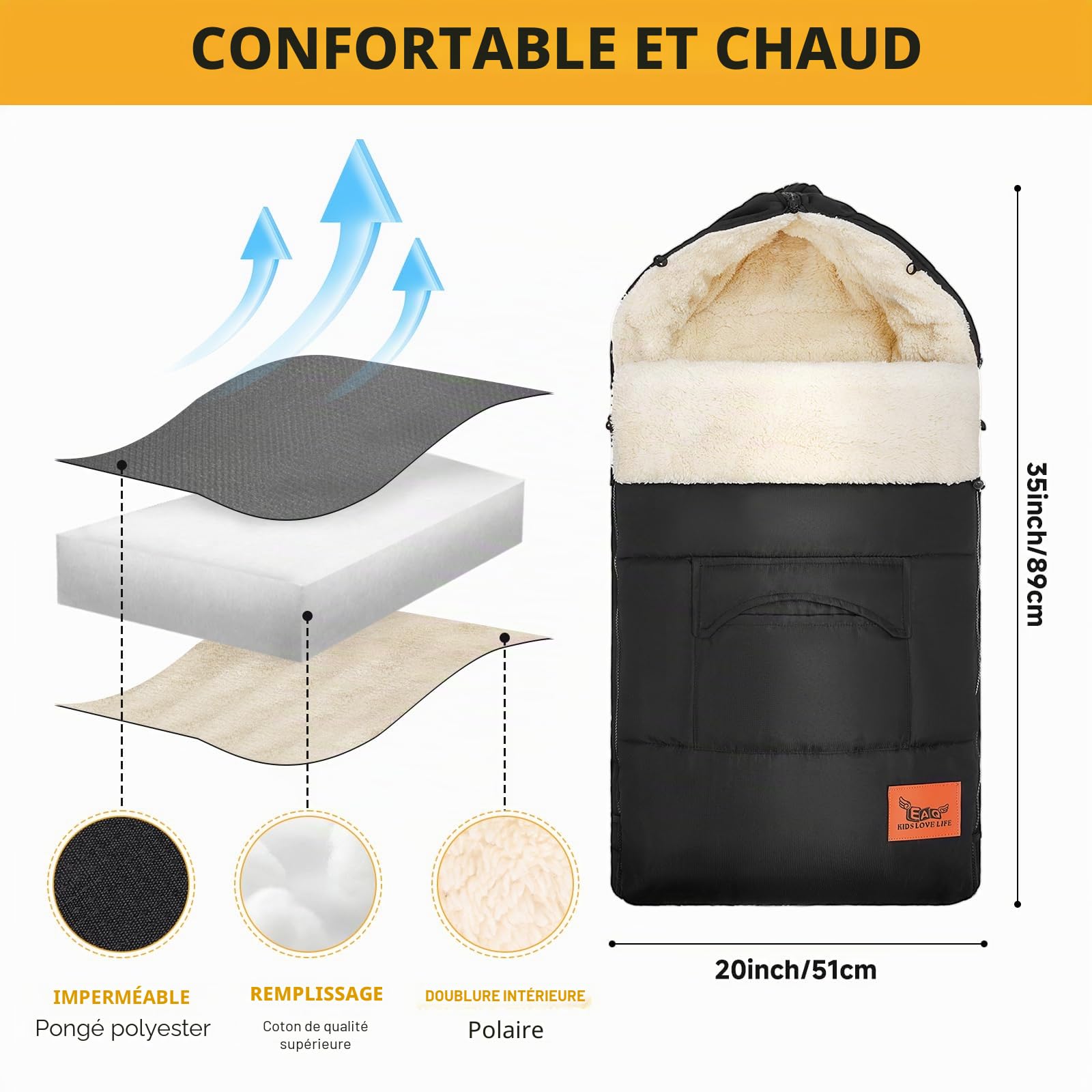 EAQ Chancelière Universelle pour Poussettes Chancelière pour Bébé Fermeture éclair Bidirectionnelle Amovible Doublée de Polaire (Noir + Gants 2)