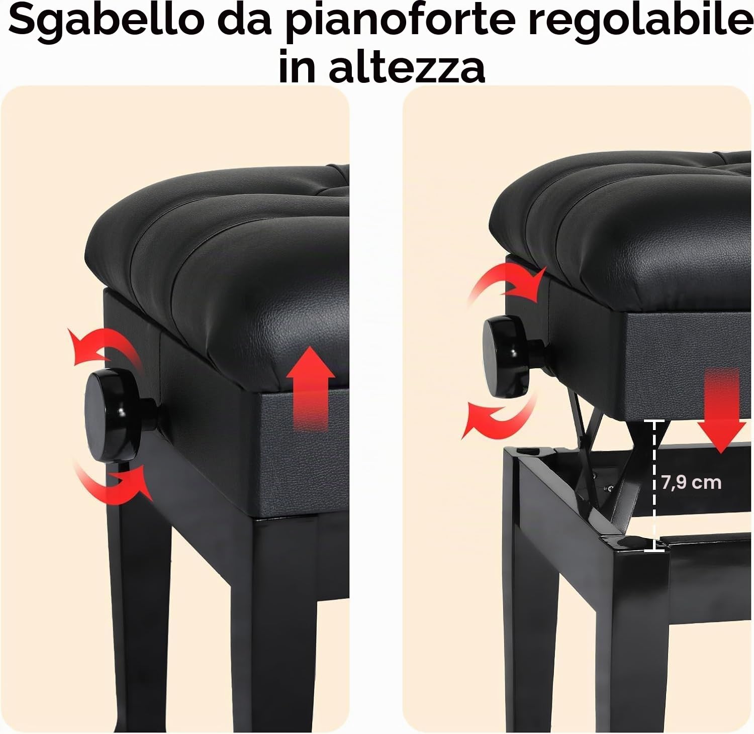 LIFERUN Sgabello per Pianoforte Regolabile in Altezza 50-58 cm, Panca Pianoforte con Vano Portaoggetti, Sgabello Pianoforte per Duetto in Pelle PU Ispessita con Gambe Curve in Legno, Nero
