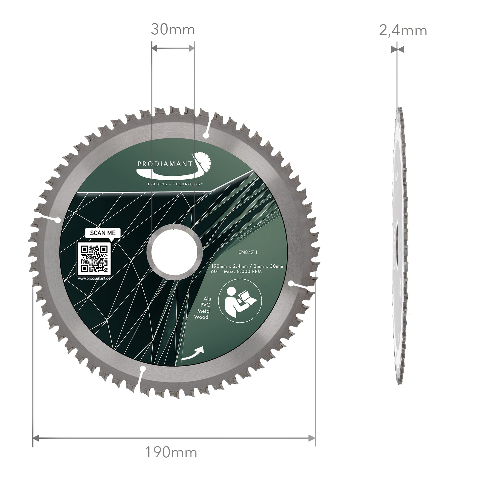 PRODIAMANT - Lama per sega in metallo duro, per legno, alluminio, plastica e laminato, con denti HM TCT, per sega da banco, sega troncatrice e sega circolare, 190 x 30 mm