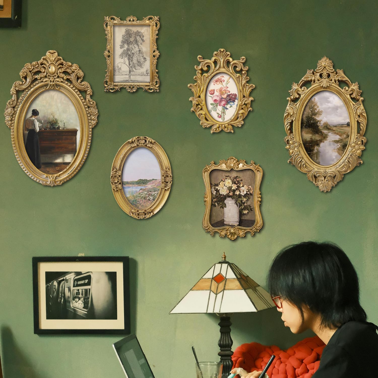 XIAOAIKA Vintage Gold Framed Wall Art Set of 6, 3D Baroque Frames with Classic Art Prints Featuring Landscape and Elegant Portrait Designs, European Style Decor for Living Room,Bedroom or Gallery Wall