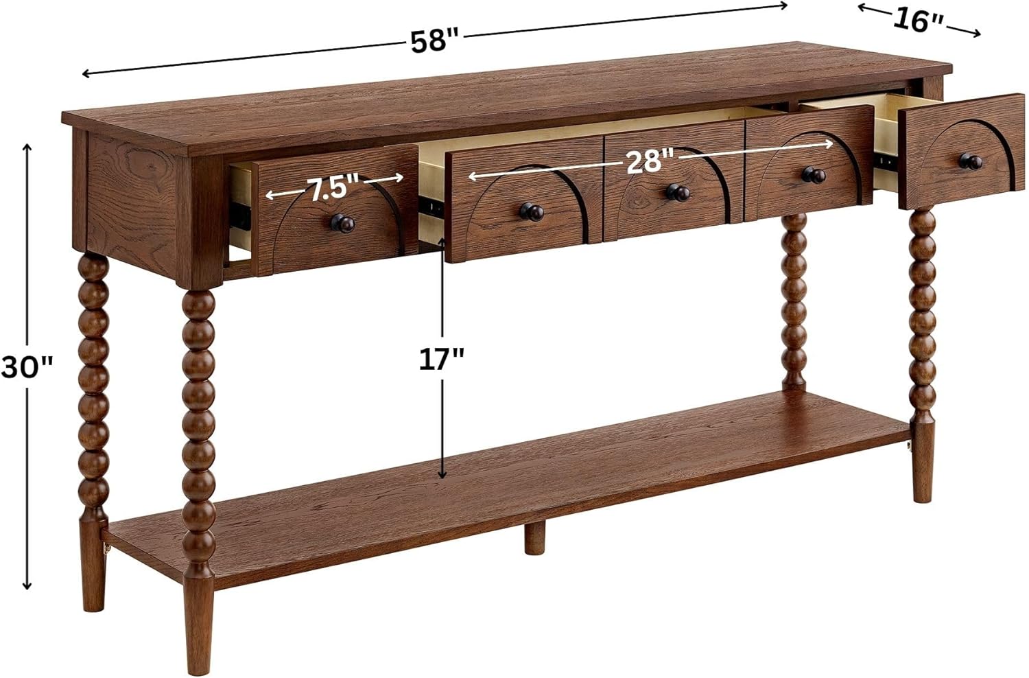 Pembroke 58” Cottage Sofa Console Table with Drawers & Lower Shelf Storage, Narrow Entryway Table or Dining Server with Levelers | Cocoa Brown