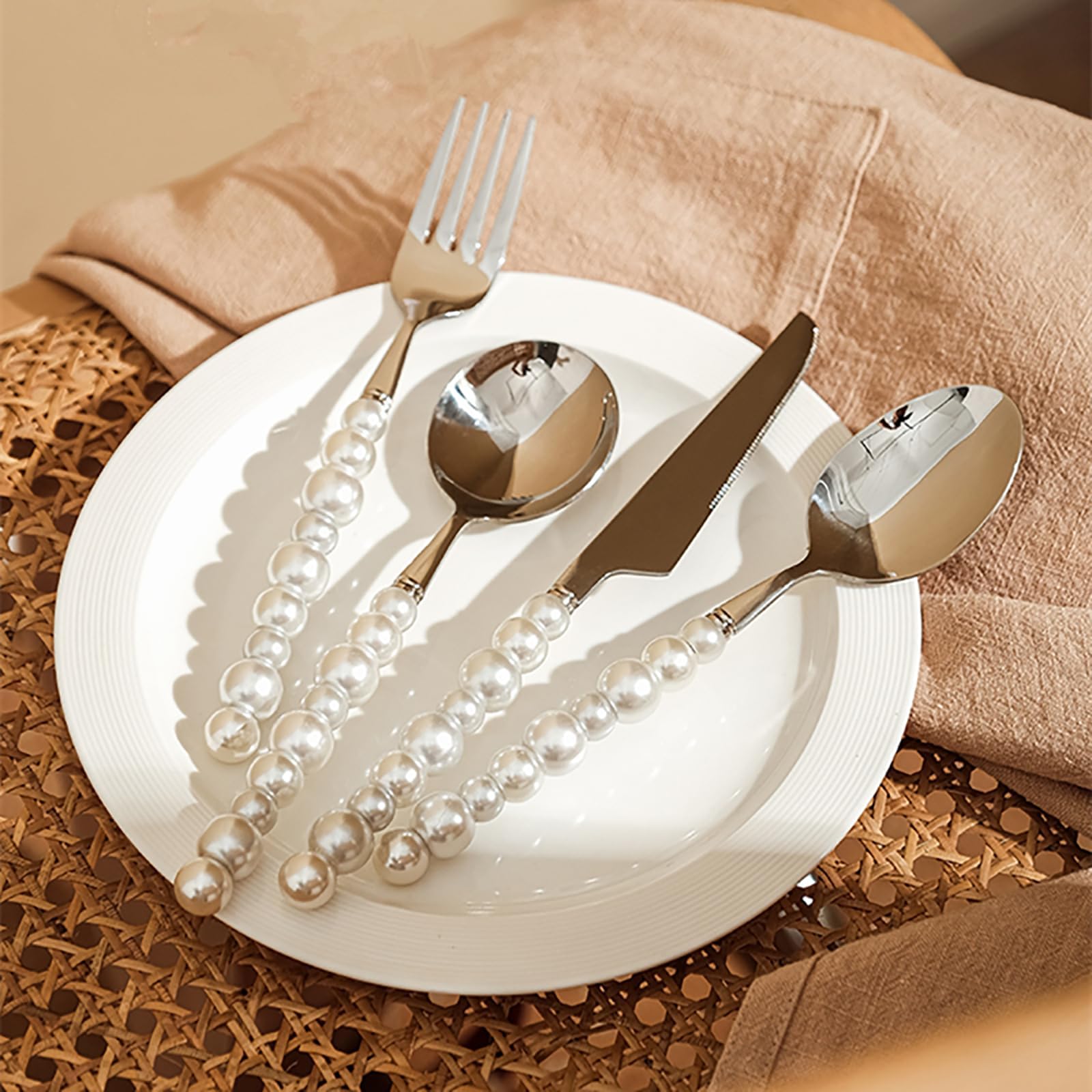 Genérico Juego De Cubiertos De 48 Piezas, Cubiertos De Acero Inoxidable 18/10, Cubiertos con Mango De Perla, Cubiertos Aptos para Lavavajillas, Cubiertos Multiusos para Banquetes
