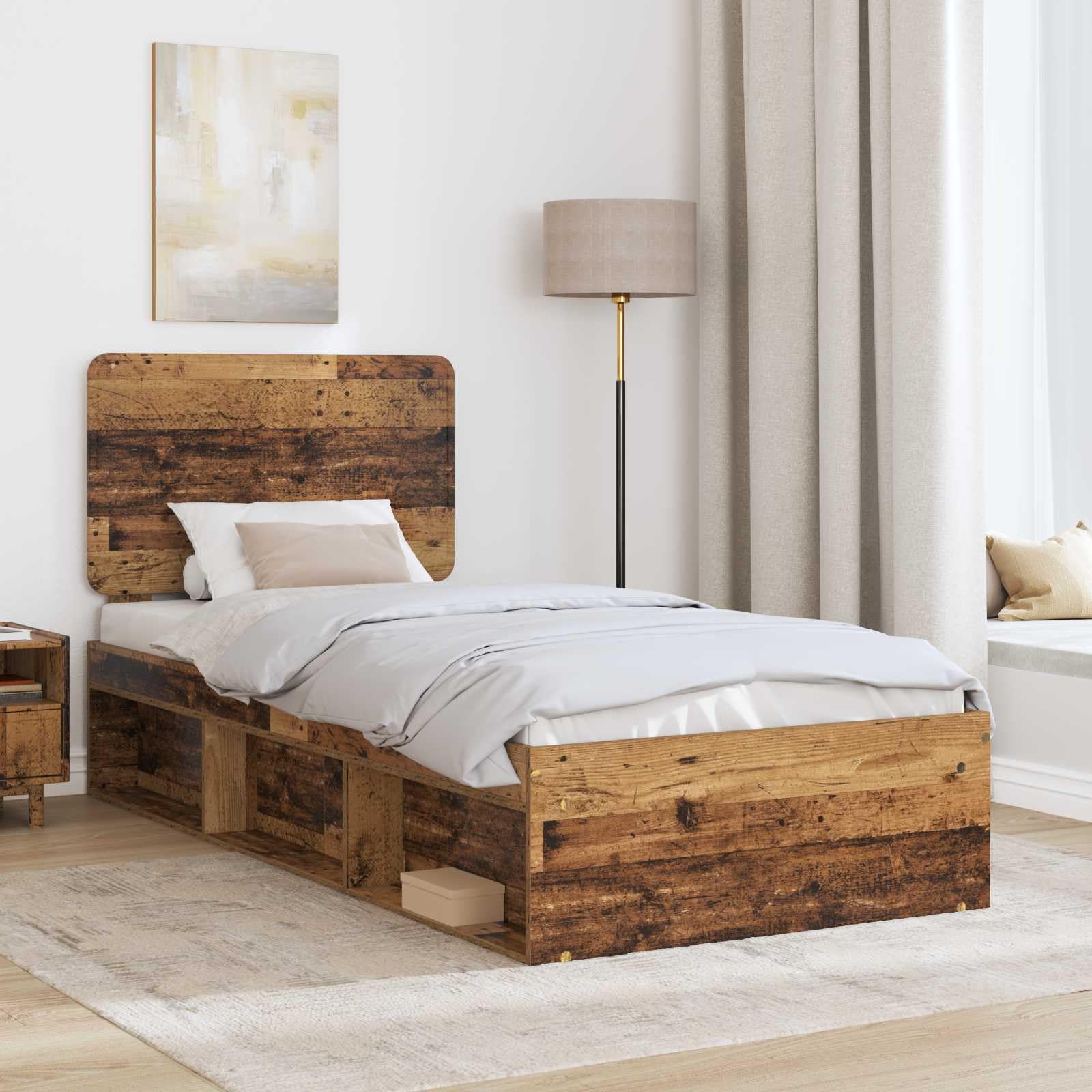 Bettrahmen 75 x 190 cm Altholz Kiefer massiv mit Lattenrost Modernes Design Robust und Langlebig für Jugendzimmer Erstwohnung und Gästezimmer