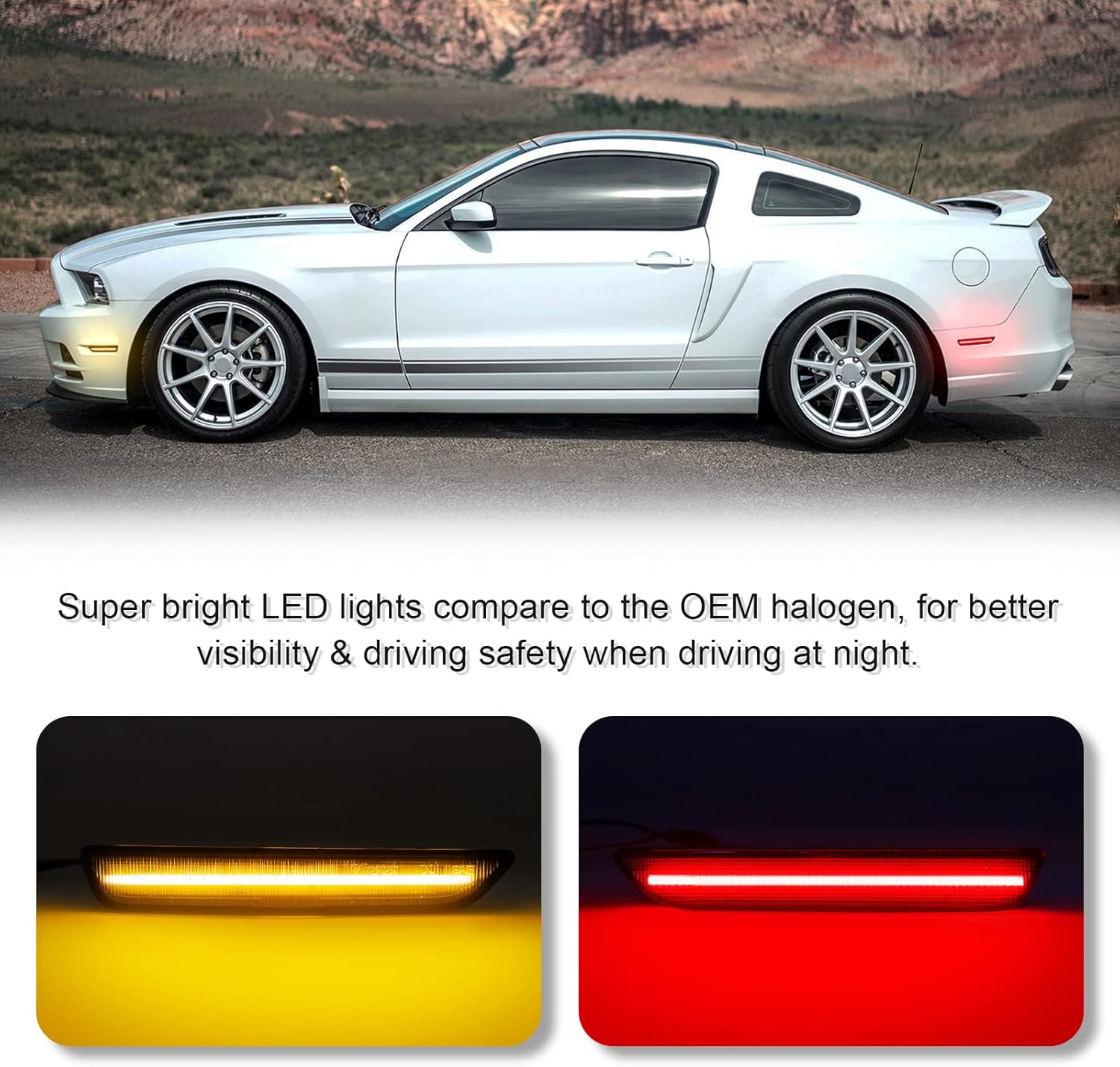 LED Side Marker Light Replacement for Mustang 2010-2014, 4PCS Front Amber Rear Red Bumper Sidemarker Lamps