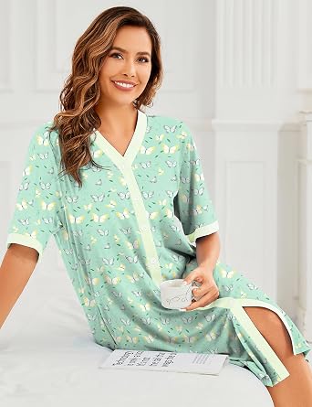 Bloggerlove Cotton Nightgowns for Women Floral Button Down Housecoat Long House Dress with Pocket