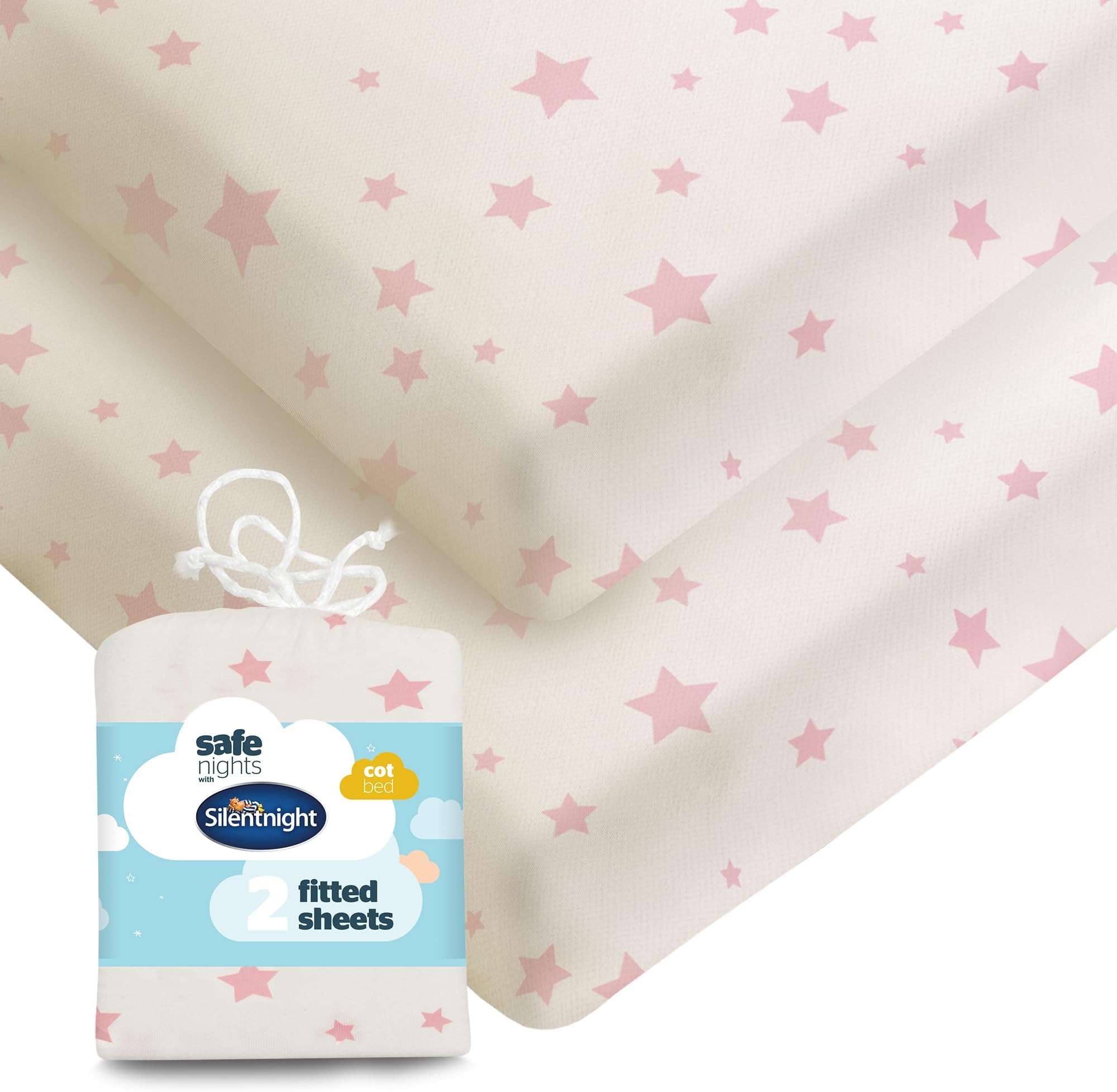 Safe Nights Fitted Sheet - Cot Bed Mattress - Breathable 100% Cotton Jersey - Super Soft Kind to Baby Skin - 140x70cm - Secure Fit with Elasticated Corners - 2 Pack, Pink Stars