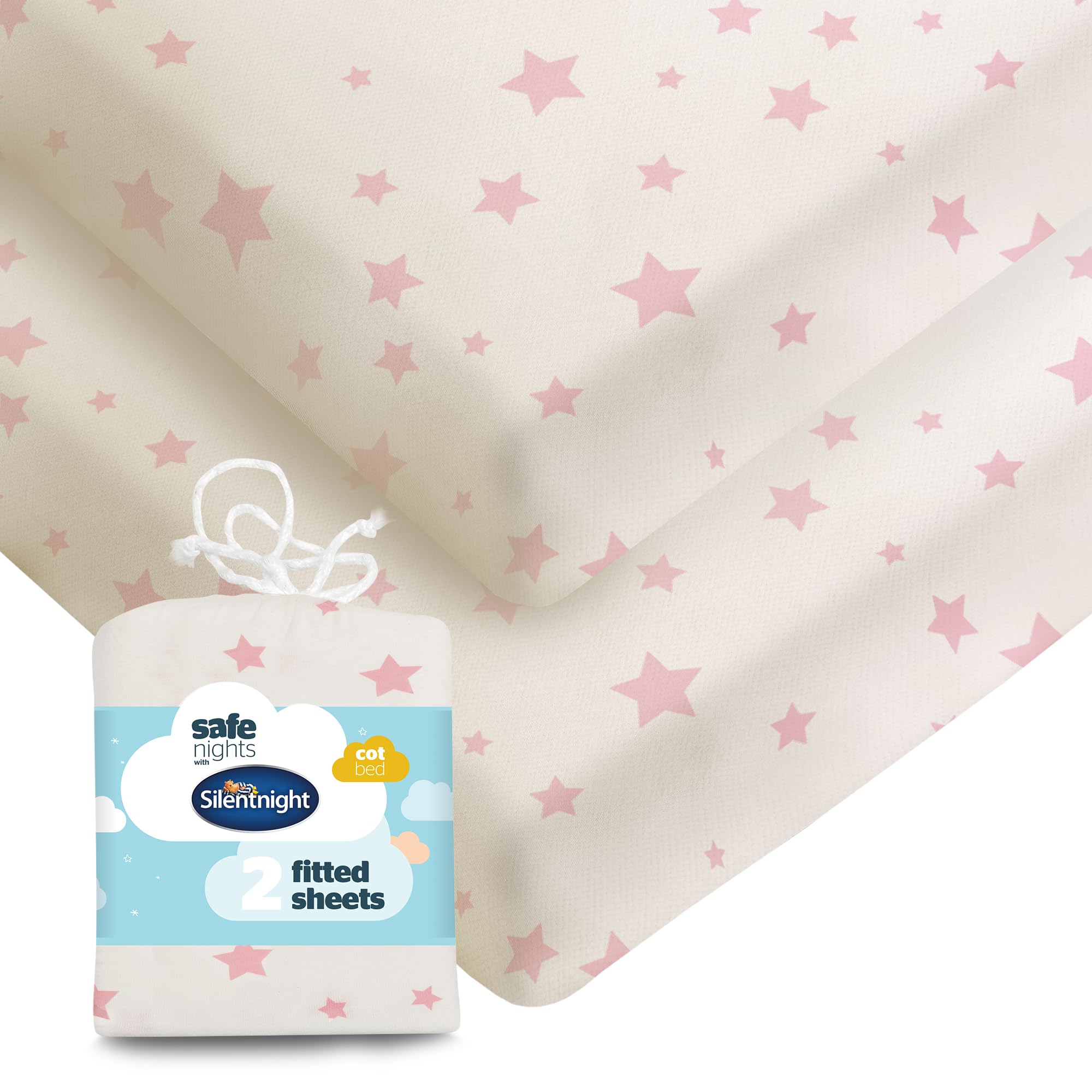 Safe Nights Fitted Sheet - Cot Bed Mattress - Breathable 100% Cotton Jersey - Super Soft Kind to Baby Skin - 140x70cm - Secure Fit with Elasticated Corners - 2 Pack, Pink Stars