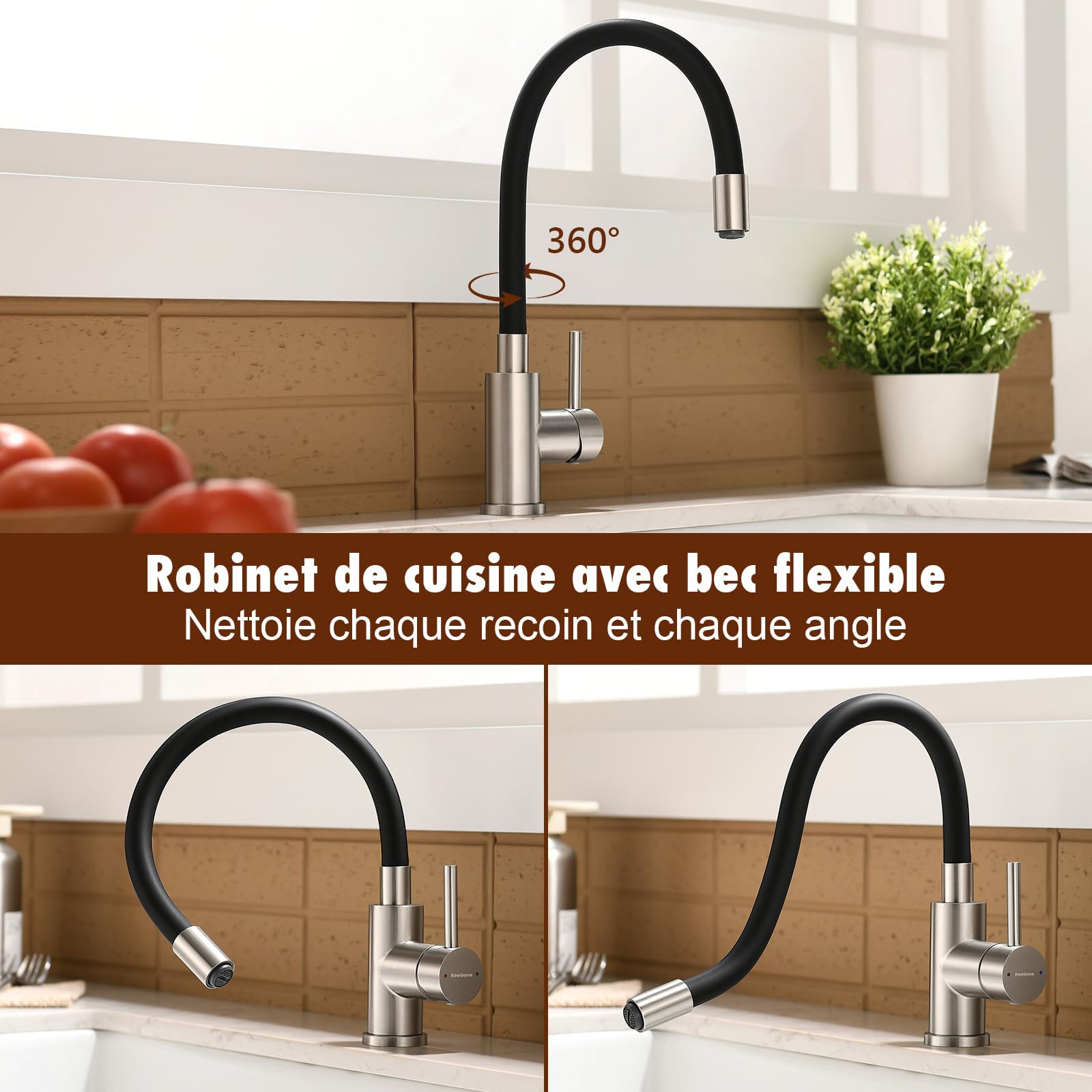 Robinet d'Évier de Cuisine avec Douchette Flexible Inox Brossé | Mitigeur Pivotant à 360°, Aérateur Extractible pour Économiser l'Eau, Acier Inoxydable