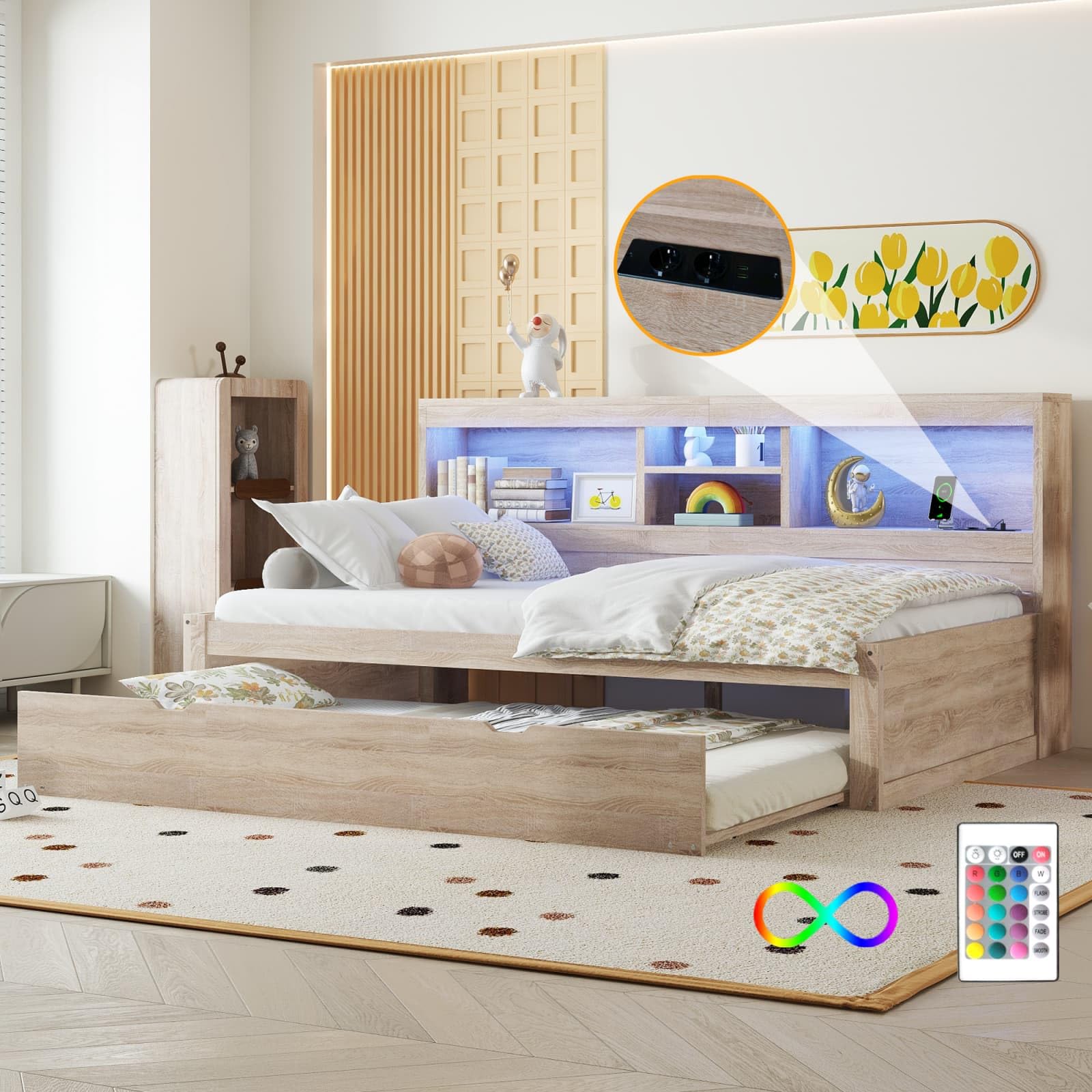 PUGSDRLY Canapé Lit 90x200cm avec lit gigogne 90x190cm,Canape lit 1 Places avec LED,USB et Prise électrique,Compartiment de Rangement Côté,sans Matelas (Nature, 90x200)