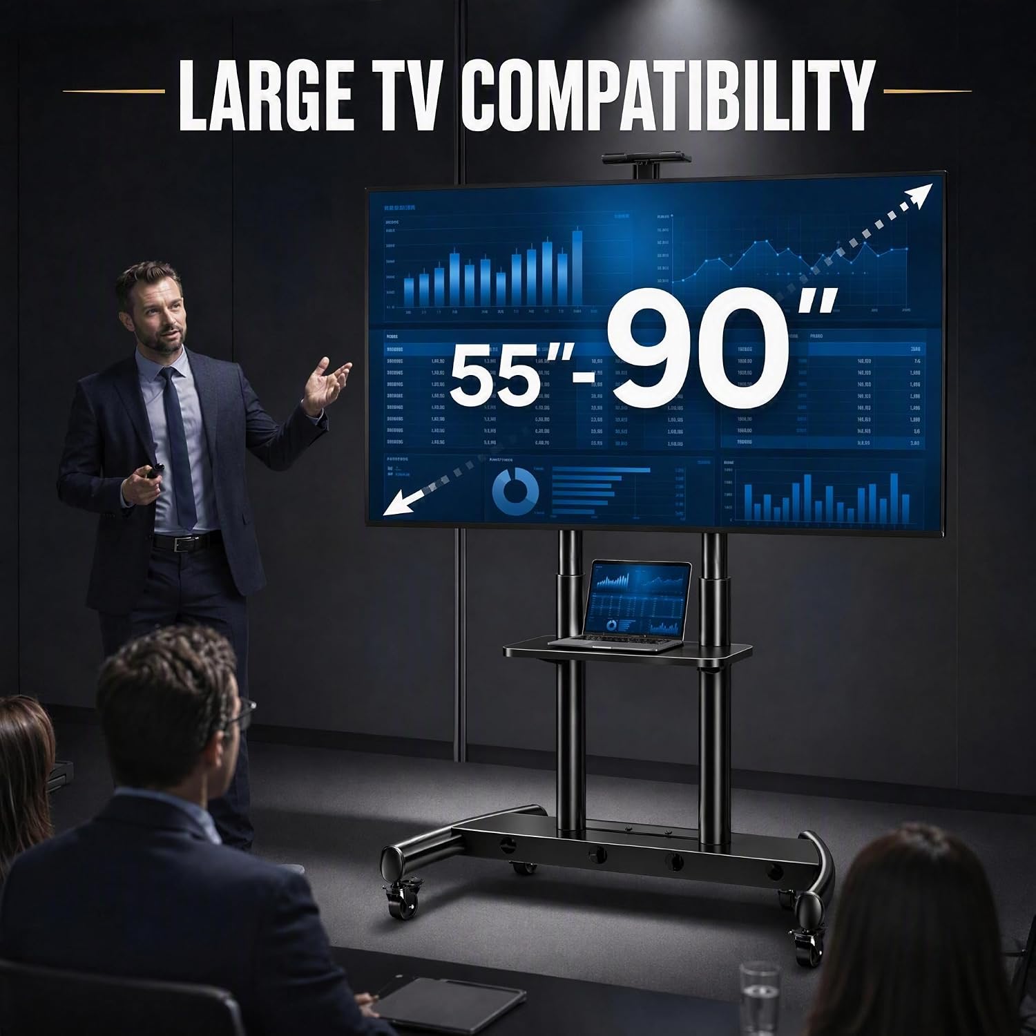 PERLESMITH Mobile TV Stand for 55-90 Inch Flat/Curved Screen TV Max VESA 800x500mm Outdoor TV Cart with Height Adjustable AV Shelf- UL Certificated Rolling Floor TV Stand Holds up to 200Lbs (PSTVMC07)