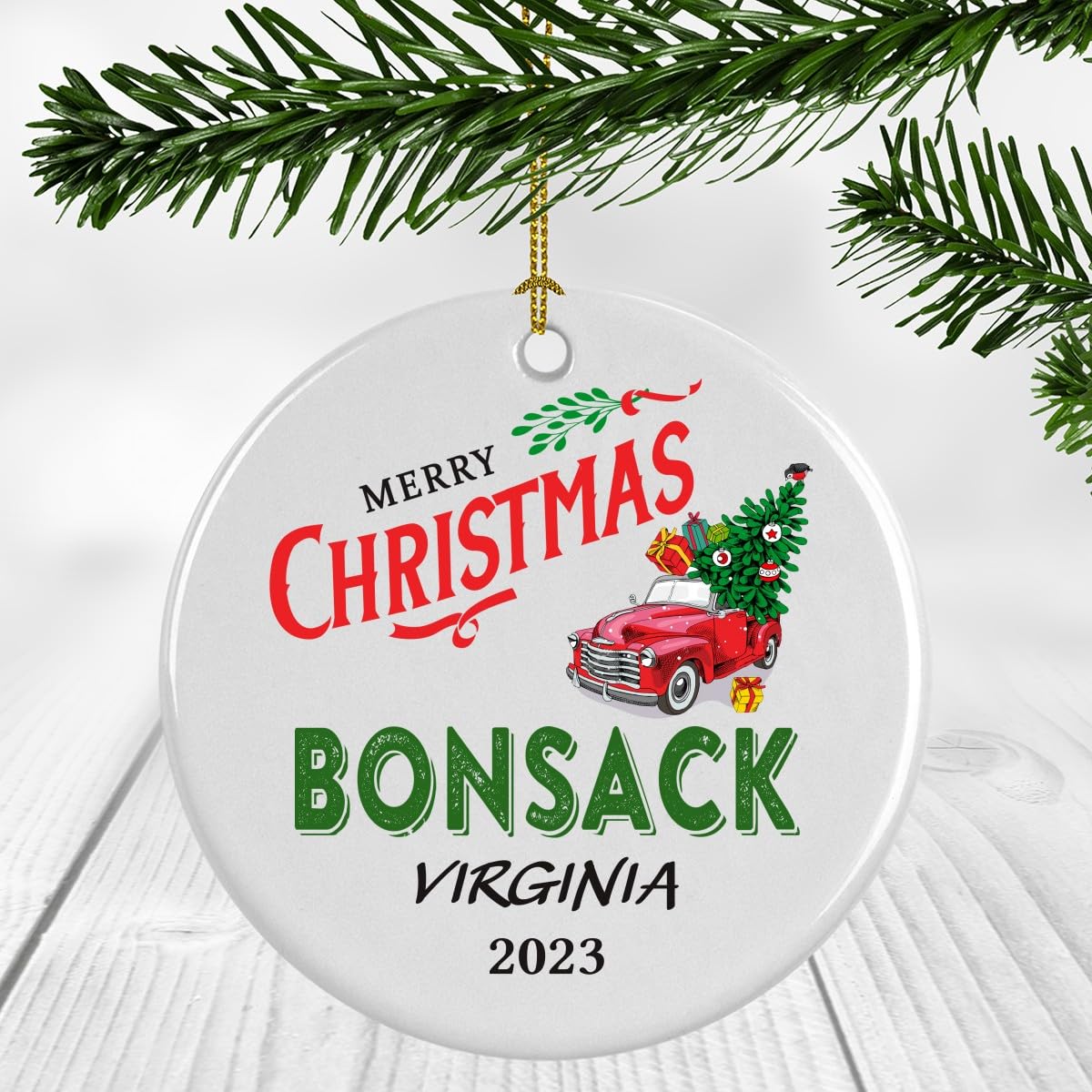 Red Truck Ornaments with Custom Name City Bonsack Virginia VA Ornament 2023 - Home Gift Housewarming Gift Home Ornament Christmas Ornament 3" Decoration Plastic