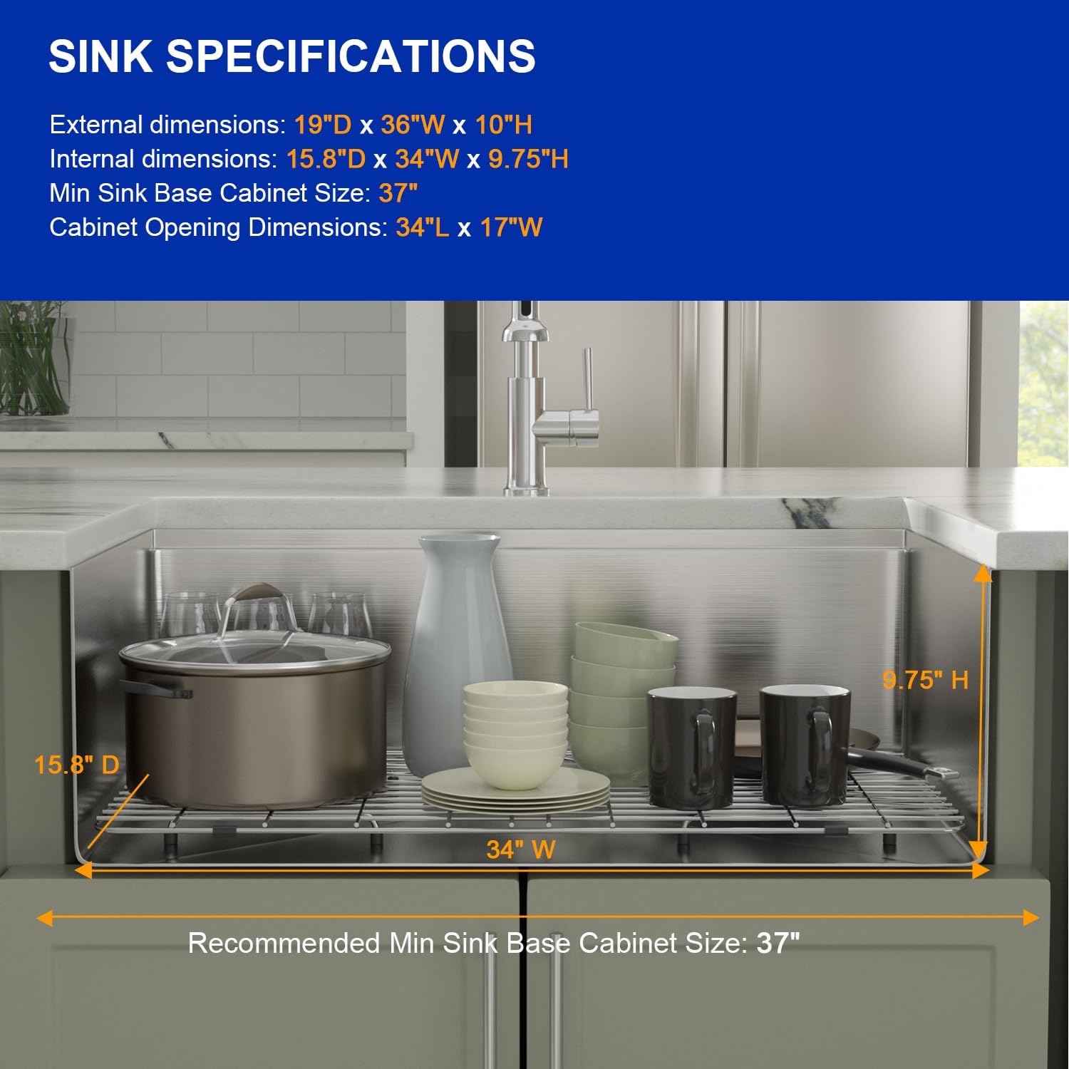 Dcolora 36" Undermount Kitchen Sink Workstation 16 Gauge Stainless Steel Kitchen Sink with Ledge Single Bowl Under Counter Sink Basin, Round Corner 36"x19"x10", DC-U7711