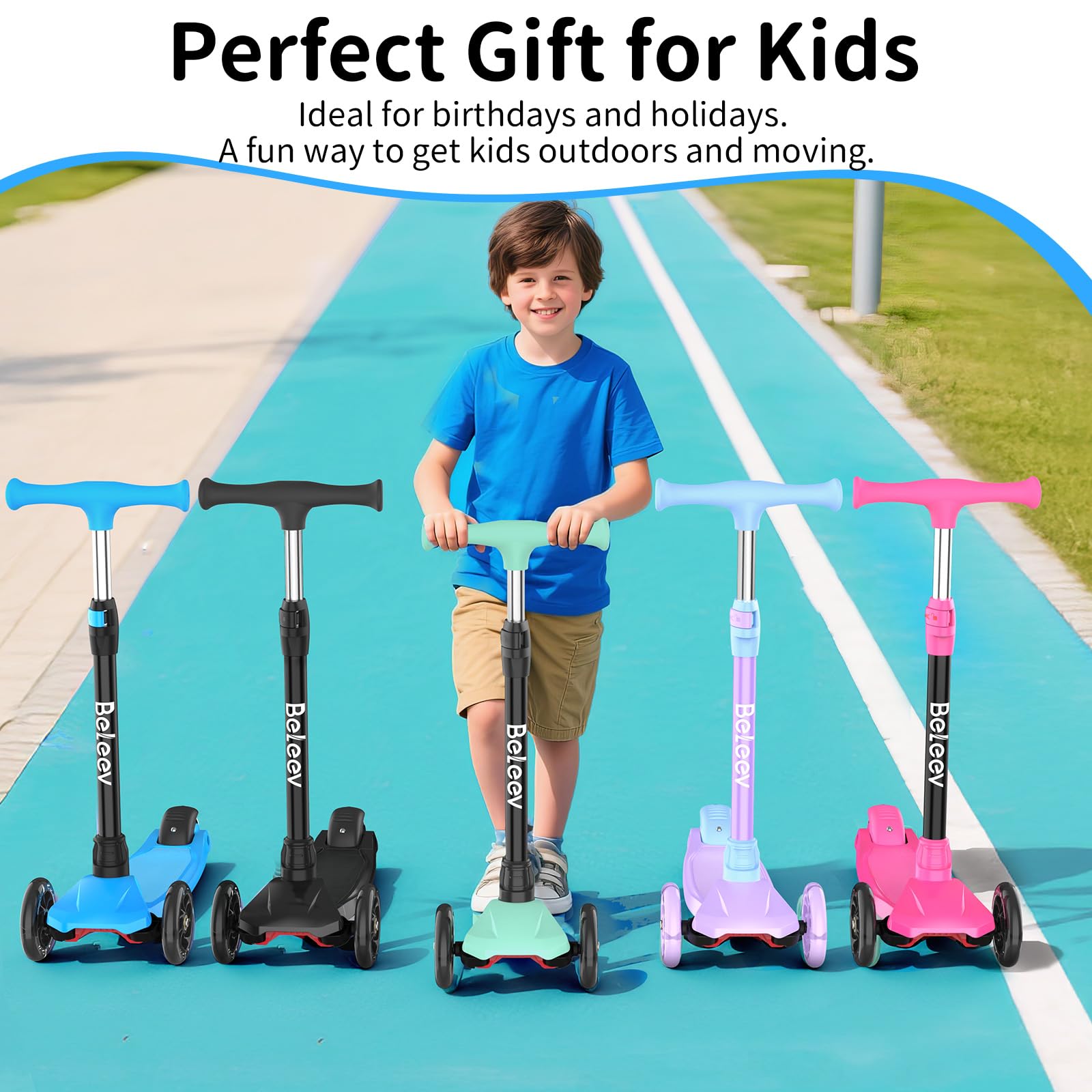 BELEEV A3 Roller Kinder 3 Jahre, 3 Räder Scooter Kinder mit LED Leuchtende Räder, 5 Höhenverstellbare, Lean to Steer, Rutschfestes Deck, Premium Kinderroller 3-12 Jahre Mädchen Jungen, Dreiradscooter