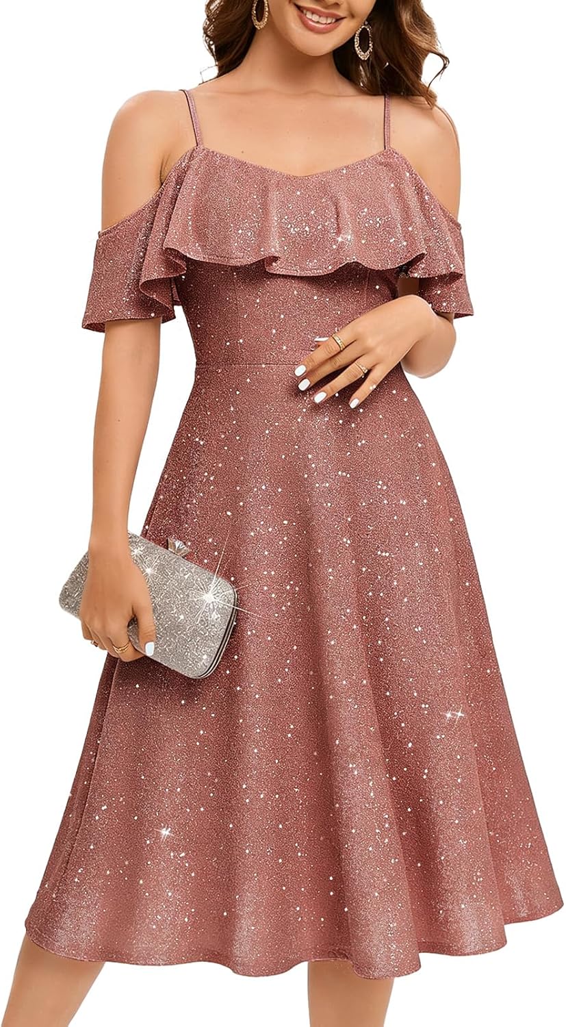 Bbonlinedress Womens Off The Shoulder Formal Cocktail Sequin Dress Wedding Guest Graduation Prom Glitter Midi Dresses