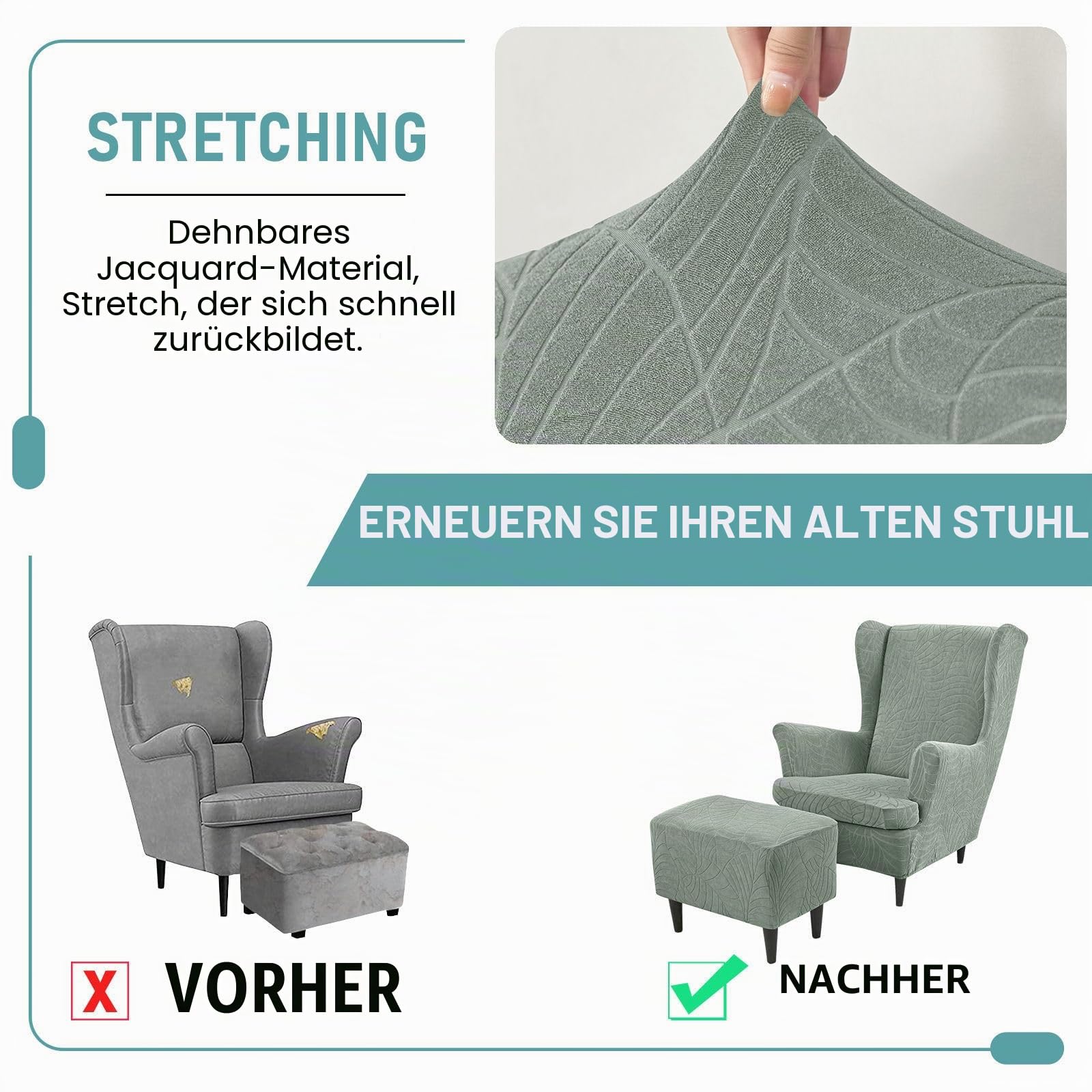 Stretchbezug für Ohrensessel, wasserdicht, dehnbar, mit Ottomanen-Bezug, abnehmbar und waschbar, Grün, 3-teiliges Set