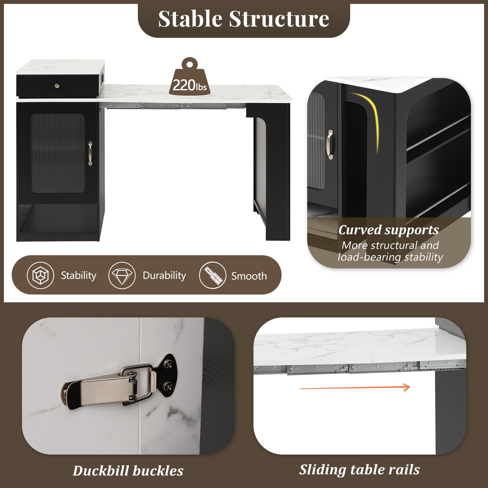Isola da cucina con ruote, Tavolo da pranzo allungabile con piano smontabile, tavolo bar con prese elettriche, serve come isola da cucina, credenza, credenza o tavolo bar per cucina e sala da pranzo