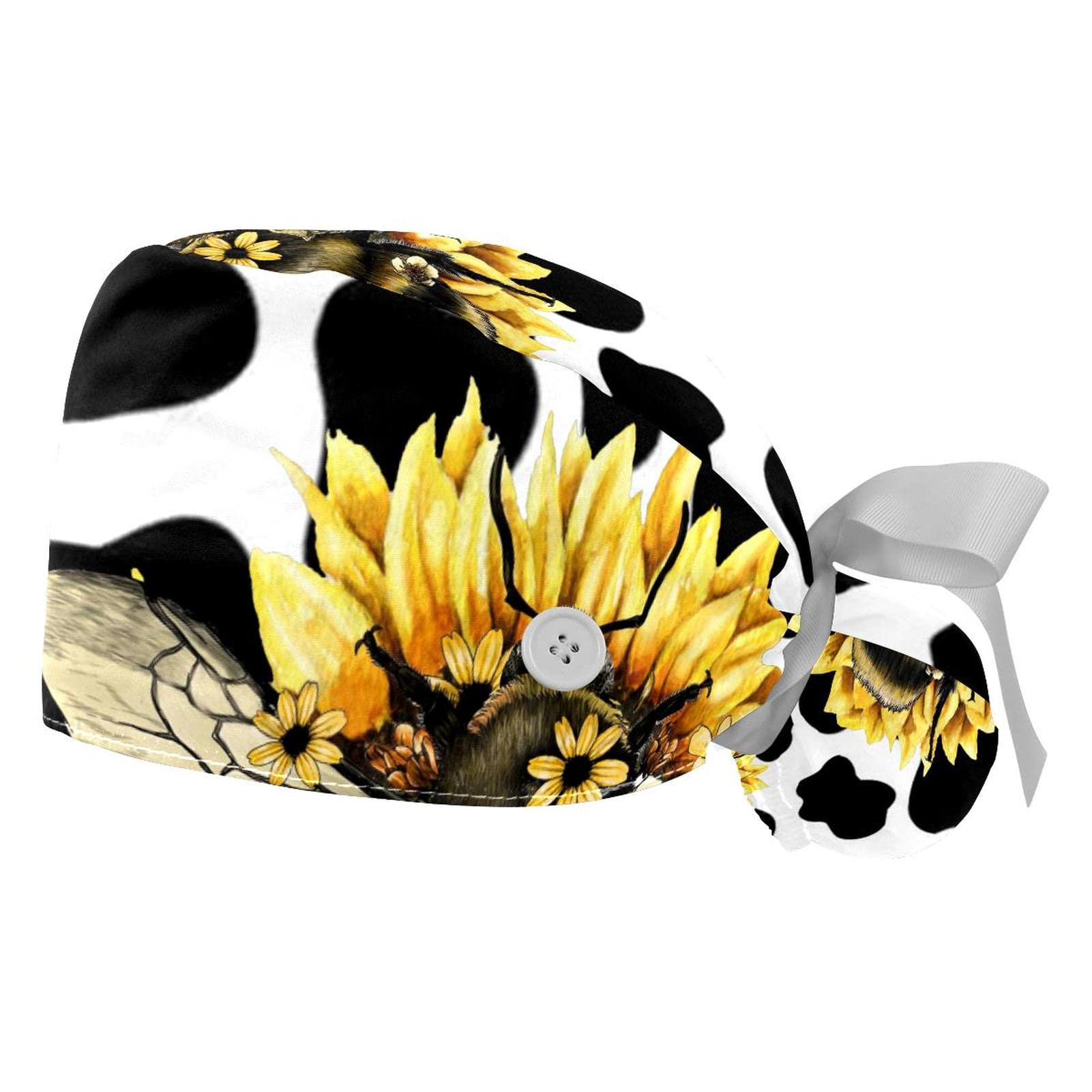 2 PCS Bouffant Cap with Button Ponytail Pouch Working Cap Sweatband Adjustable Surgical Cap Black and White Cow