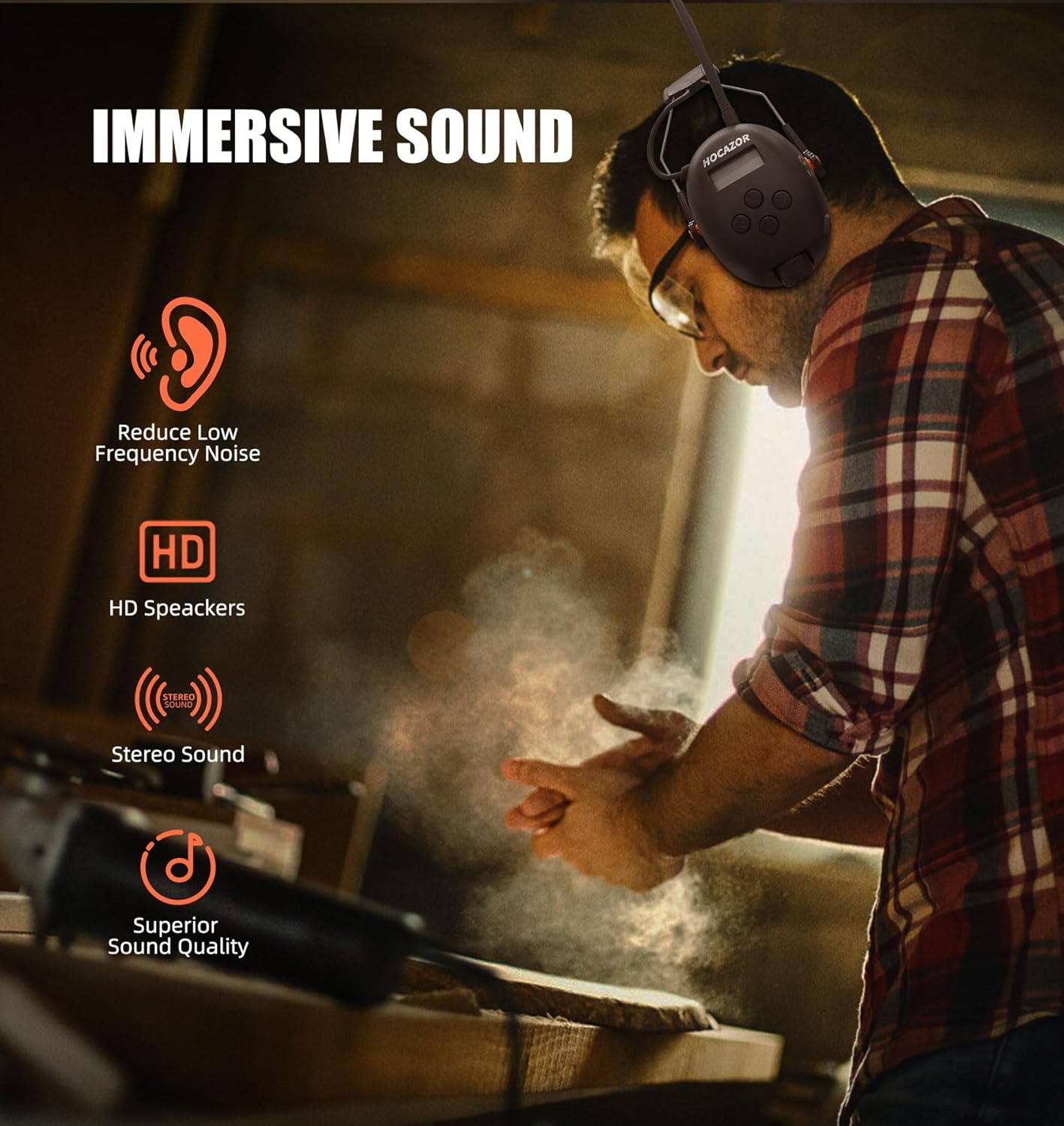 HP033 Bluetooth 5.4 Hearing Protection AM FM Radio Headphones, 25dB NRR Noise Reduction Safety Earmuffs with 2000mAh Rechargeable Battery for Mowing Workshops, Orange - Image 7