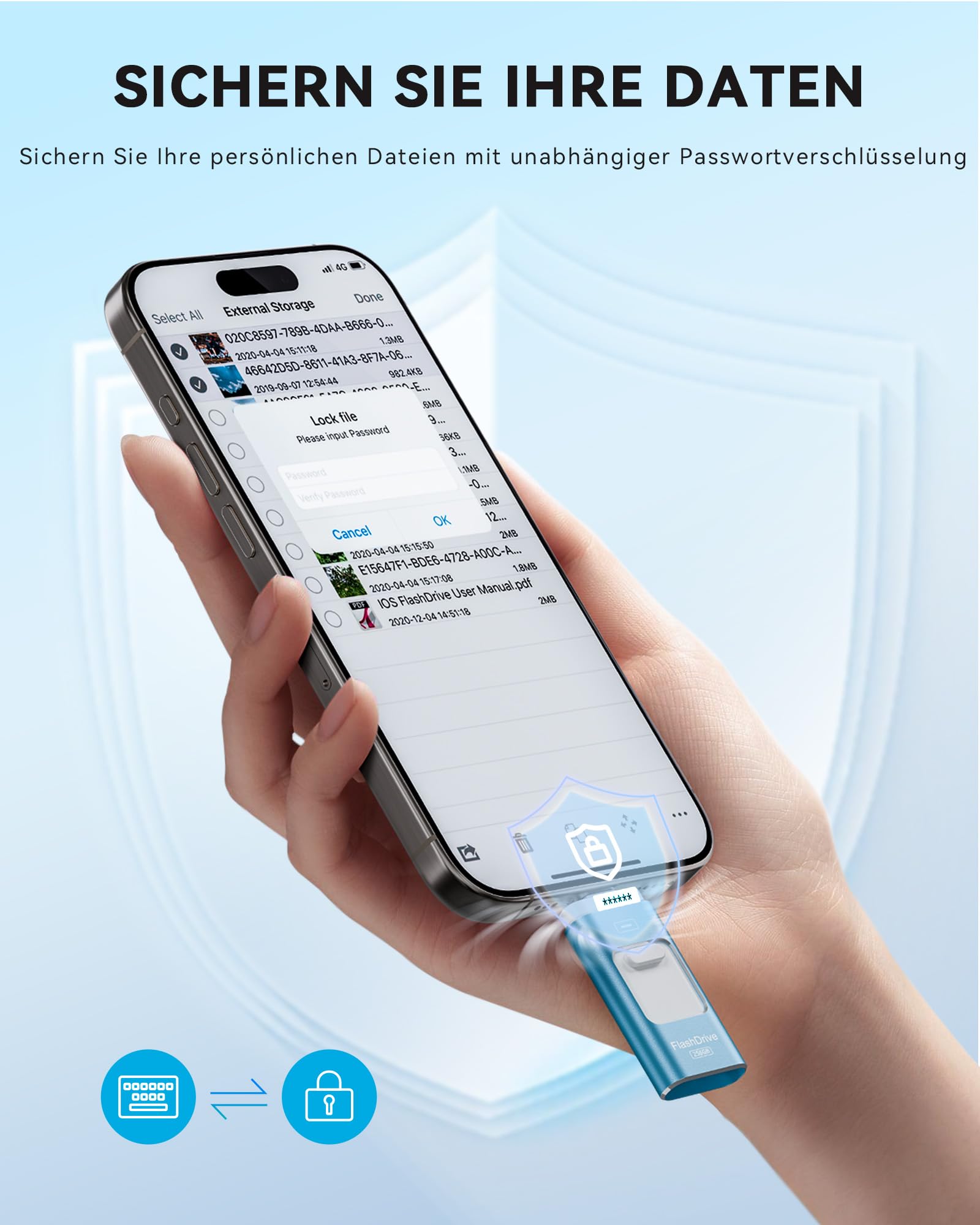 ROSPE MFi Chiavetta USB da 256 GB per iPhone, Lightning e USB-C, blu cenere | Chiavetta USB 3.0 3 in 1 per iPhone, iPad, Android e PC, trasferimento dati ad alta velocità, foto, video e file