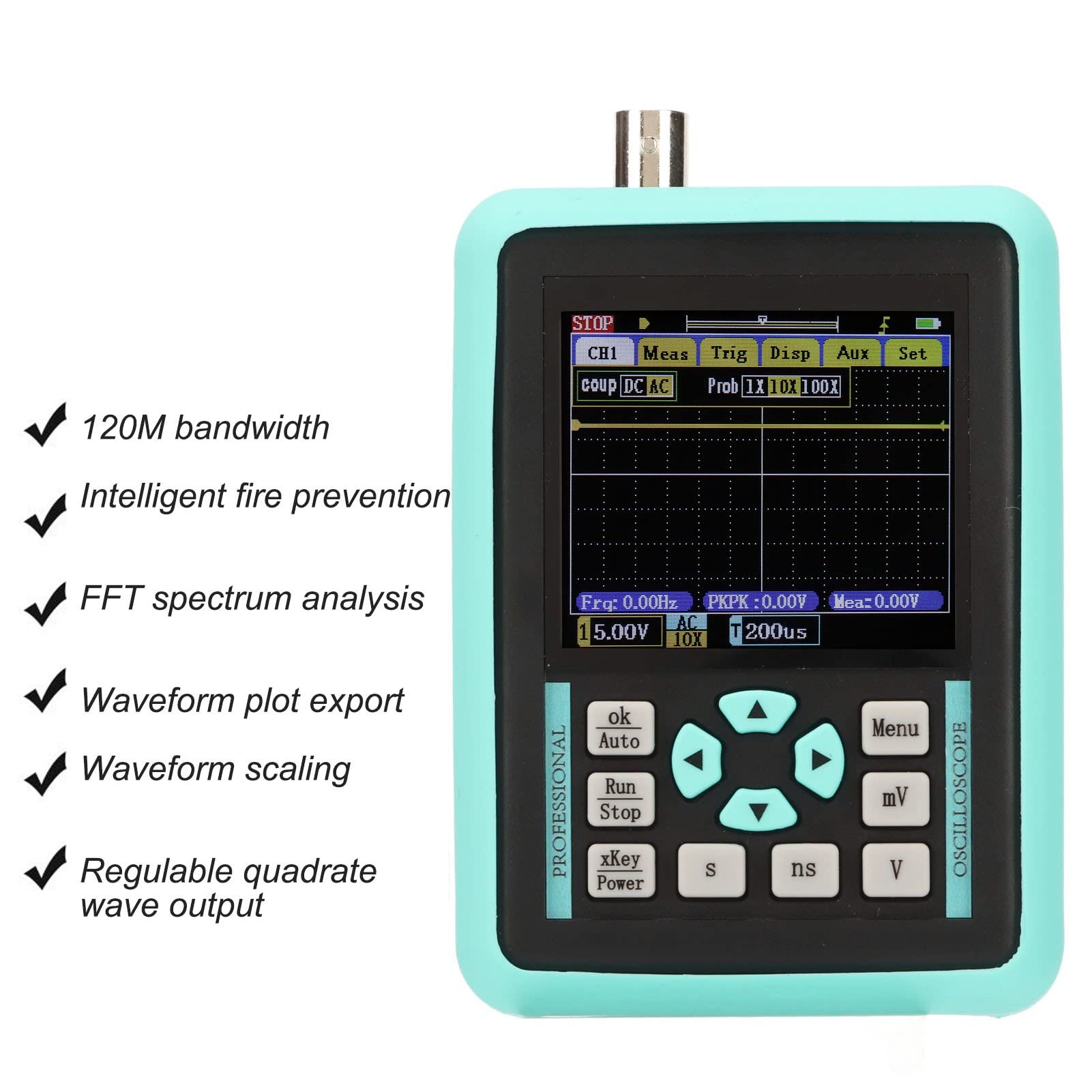 Oscilloscopio Digitale, Larghezza di Banda 120M Frequenza di Campionamento 500M Oscilloscopio Portatile a Canale Singolo, Kit Oscilloscopio Portatile a Quadrata Regolabile