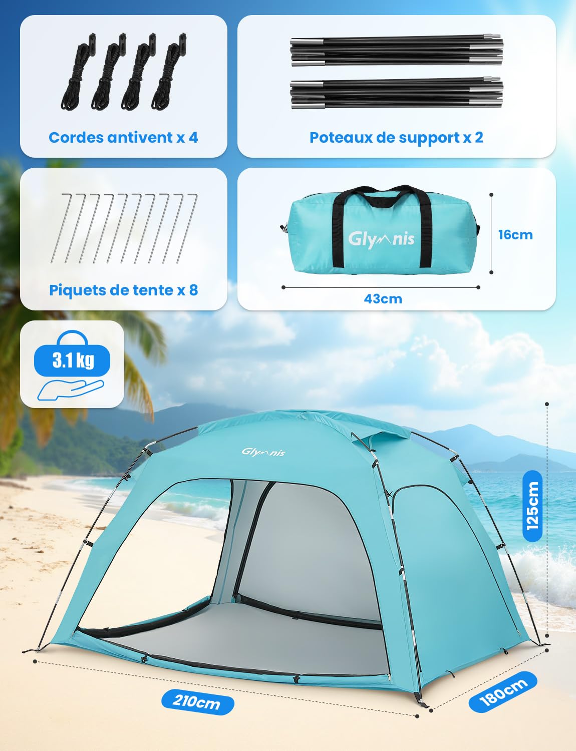 Glymnis Tente de Plage pour 3-4 Personnes，Tente Anti UV, Protection UPF 50+，Portable Abris de Plage pour Plage, Parc, Camping et pêche
