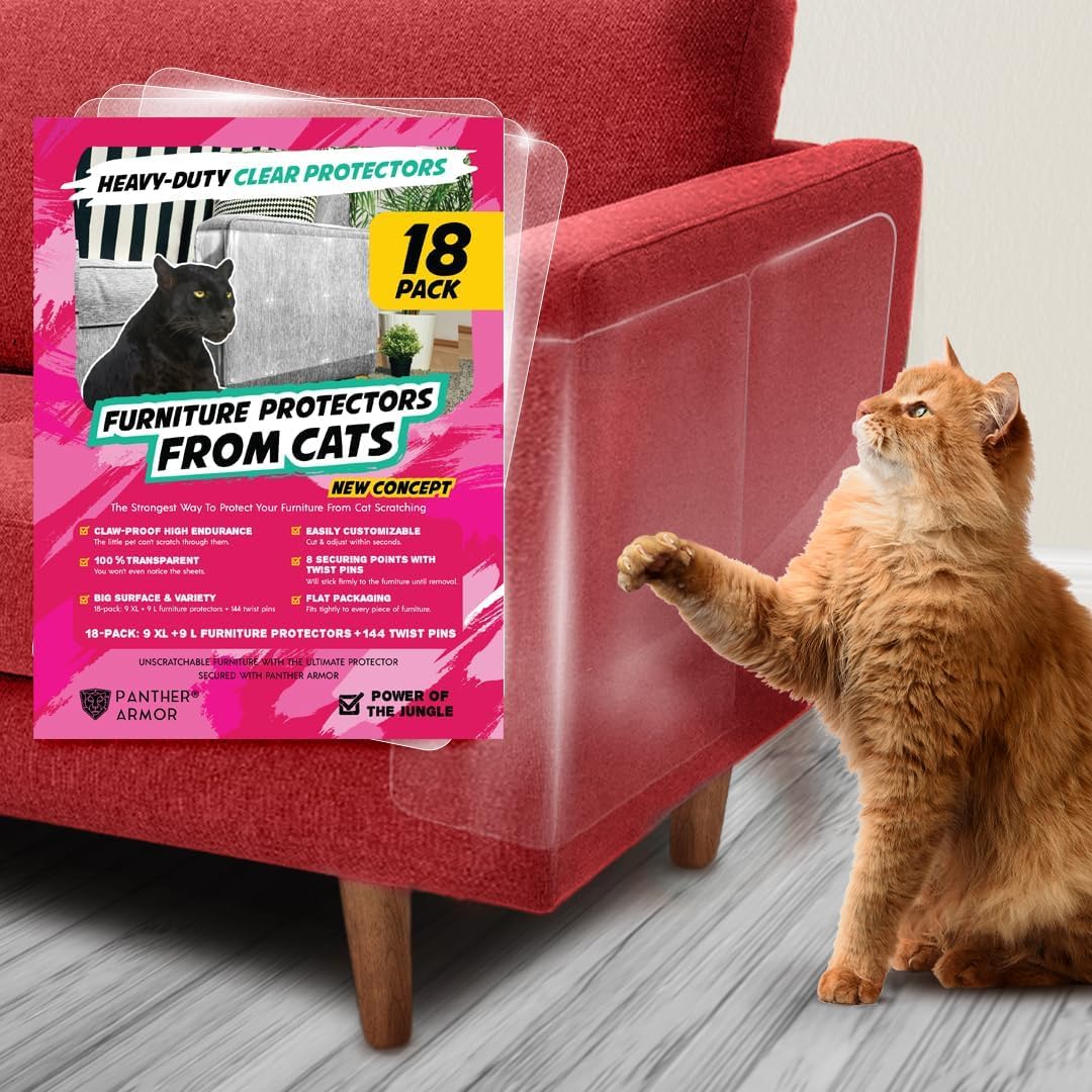 18 Pack Cat Scratch Furniture Protector Sheets – Clear Couch & Sofa Guard from Cat Claws – Easy Apply, Removable, with Twist Pins (9 XL + 9 Large)