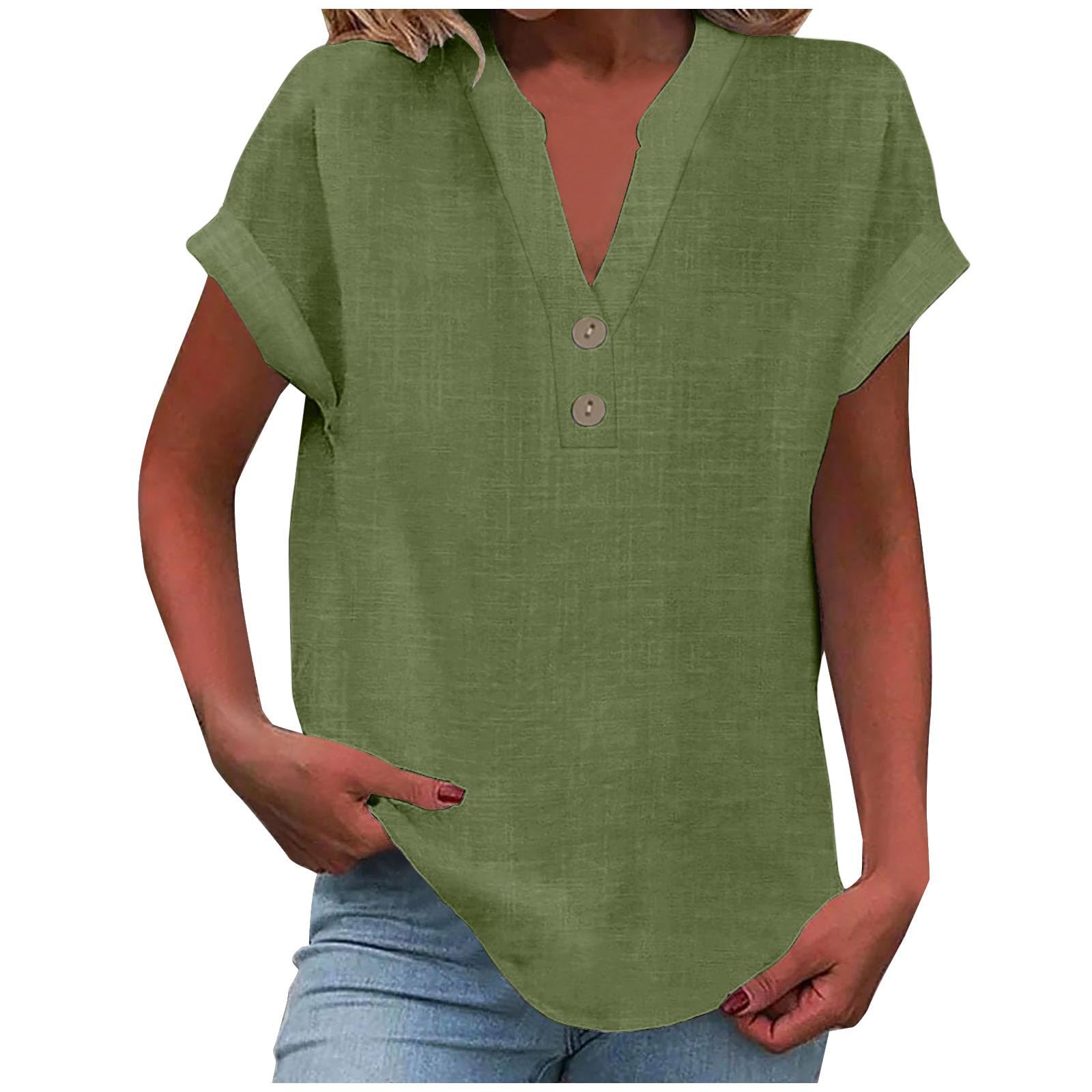 Blczomt Womens Cotton Linen Shirts Summer Trendy Short Sleeve V-Neck Blouses Tops Button Down Gauze Tees Casual Clothes 2025