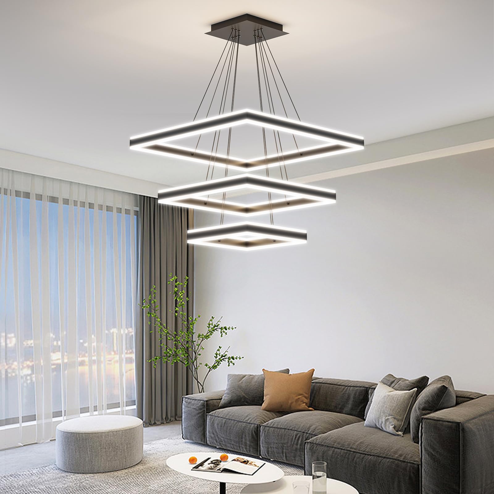 Black Chandelier, 3-Light Modern Ceiling Square Chandelier Pro for Dining Room Light Fixtures Hanging Color Temperature and Height Adjustable Chandeliers for Living Room, Bedroom, 15.7+23.6I+31.4IN