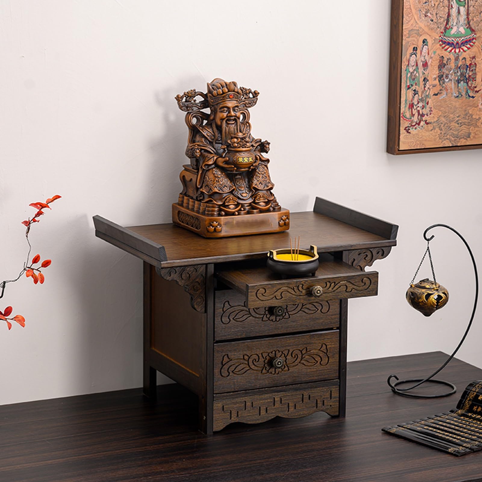 Table d'autel de méditation marron 60x38 cm avec tiroirs de rangement et plateau coulissant